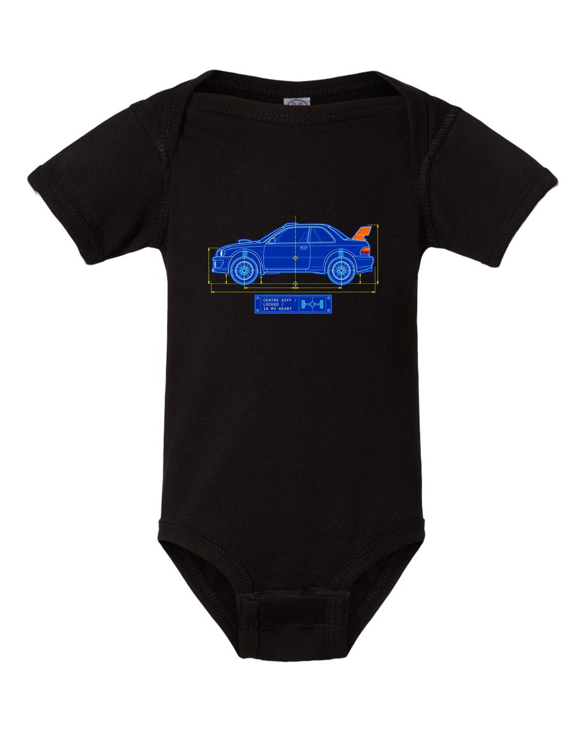 Blueprint line art of a Toyota Celica GT-Four ST185 with centre diff lettering black baby onesie front view with the design