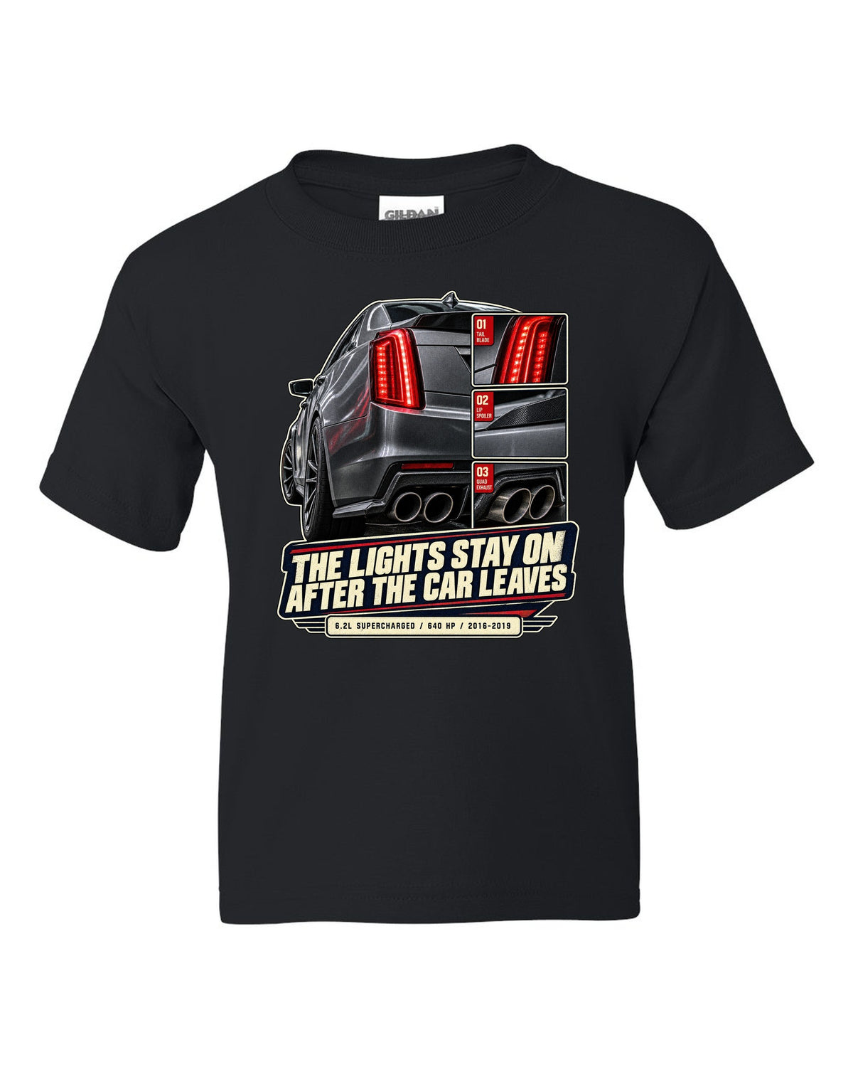 Rear taillight close-up print of a 2016-19 Cadillac CTS-V black kids tee front view with the design