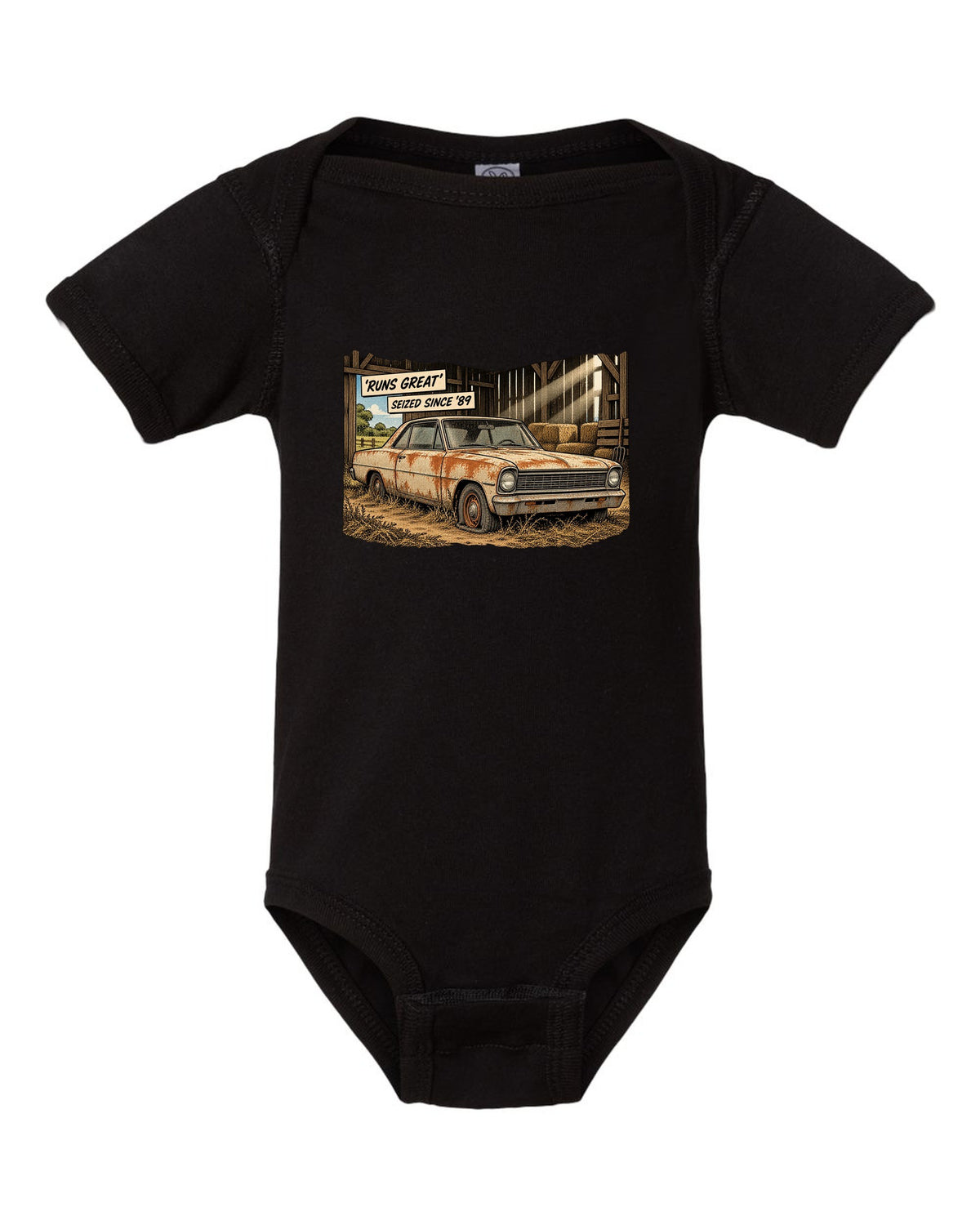 Synthwave print of a 1971 Chevelle SS 454 taillights with the text Runs Great, Seized Since '89 black baby onesie front view with the design
