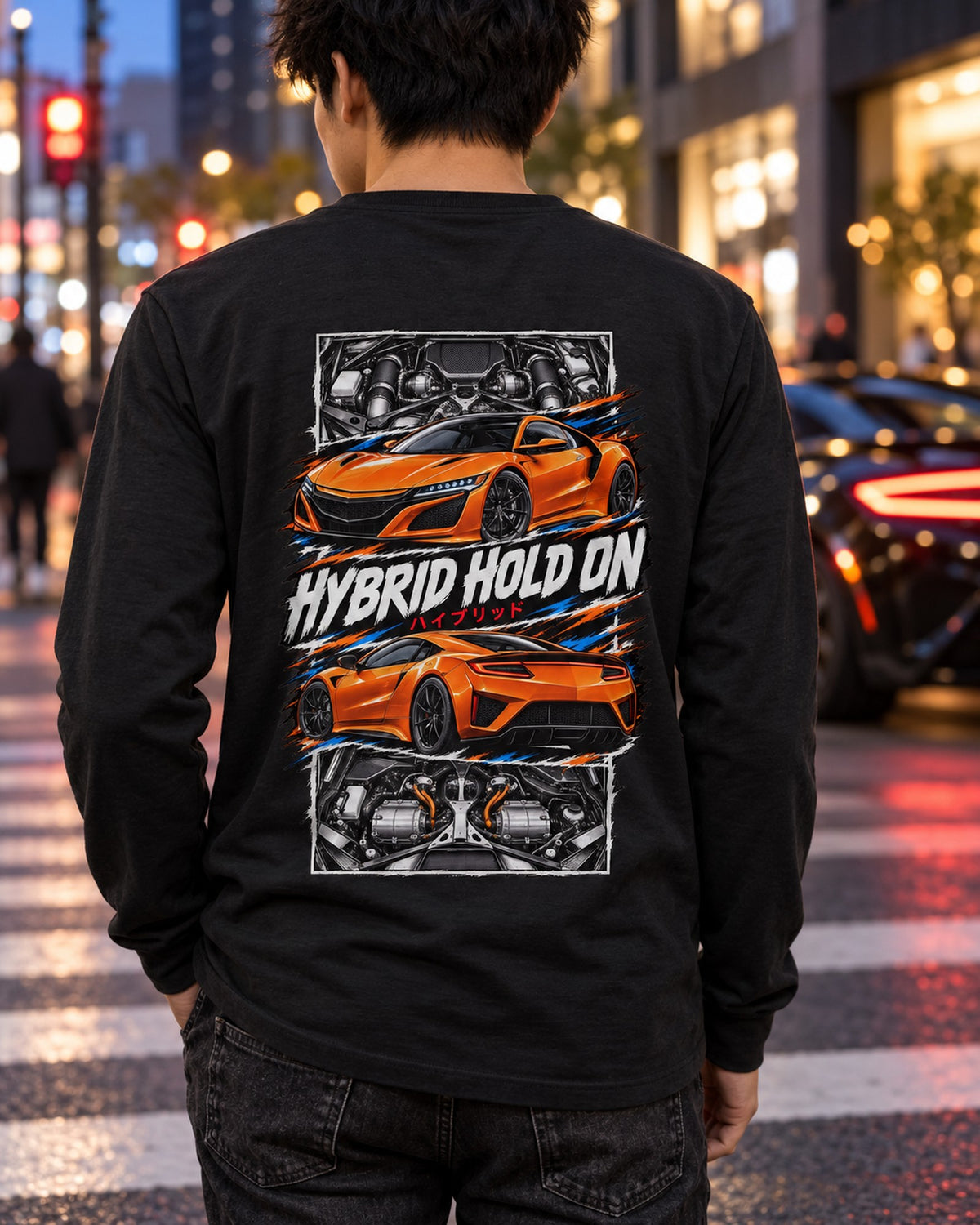 Acura NSX Nc1 Torn Poster Full-Back Graphic Tee Long Sleeve Black worn hero