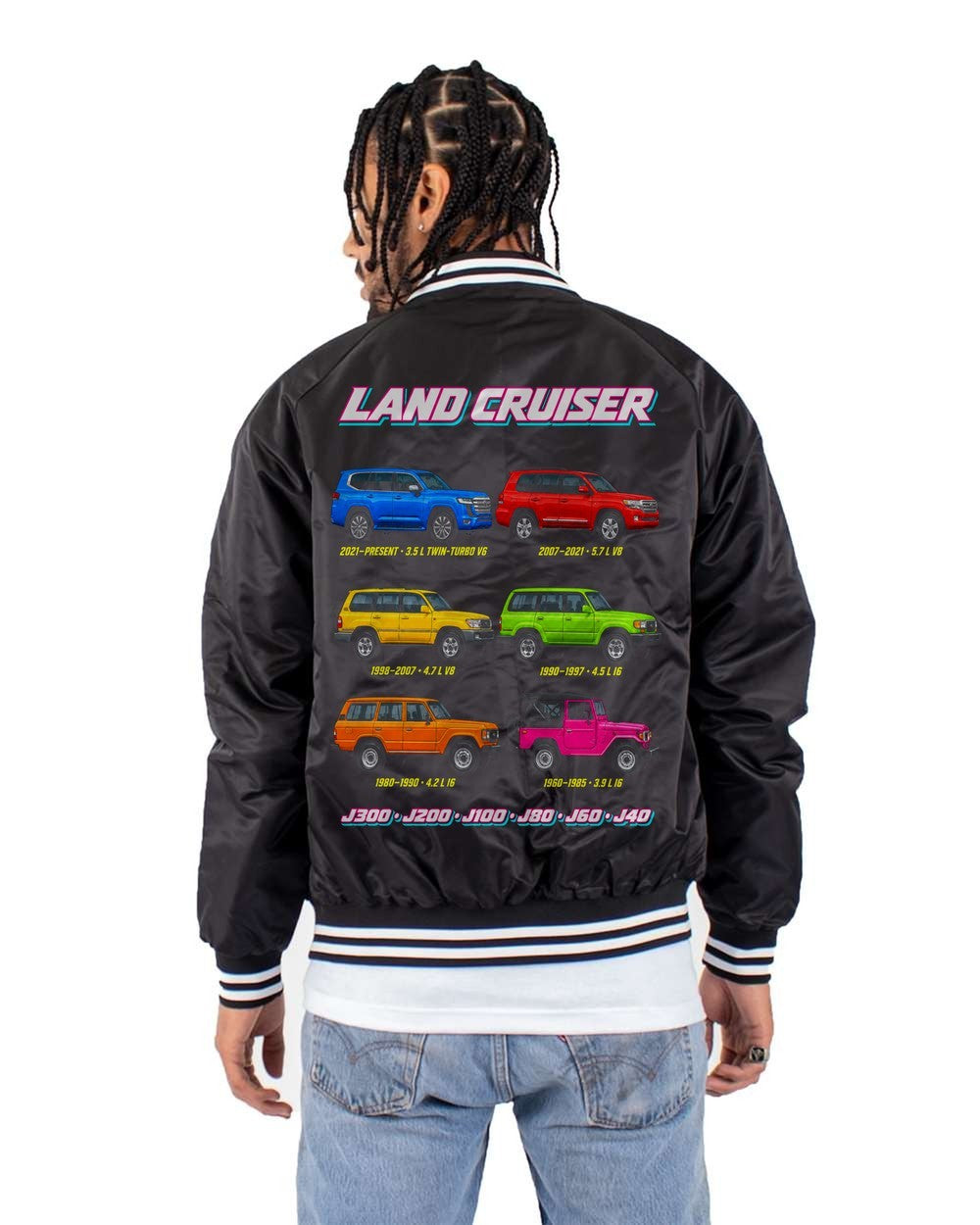 Toyota Land Cruiser evolution poster black bomber jacket back view with the design
