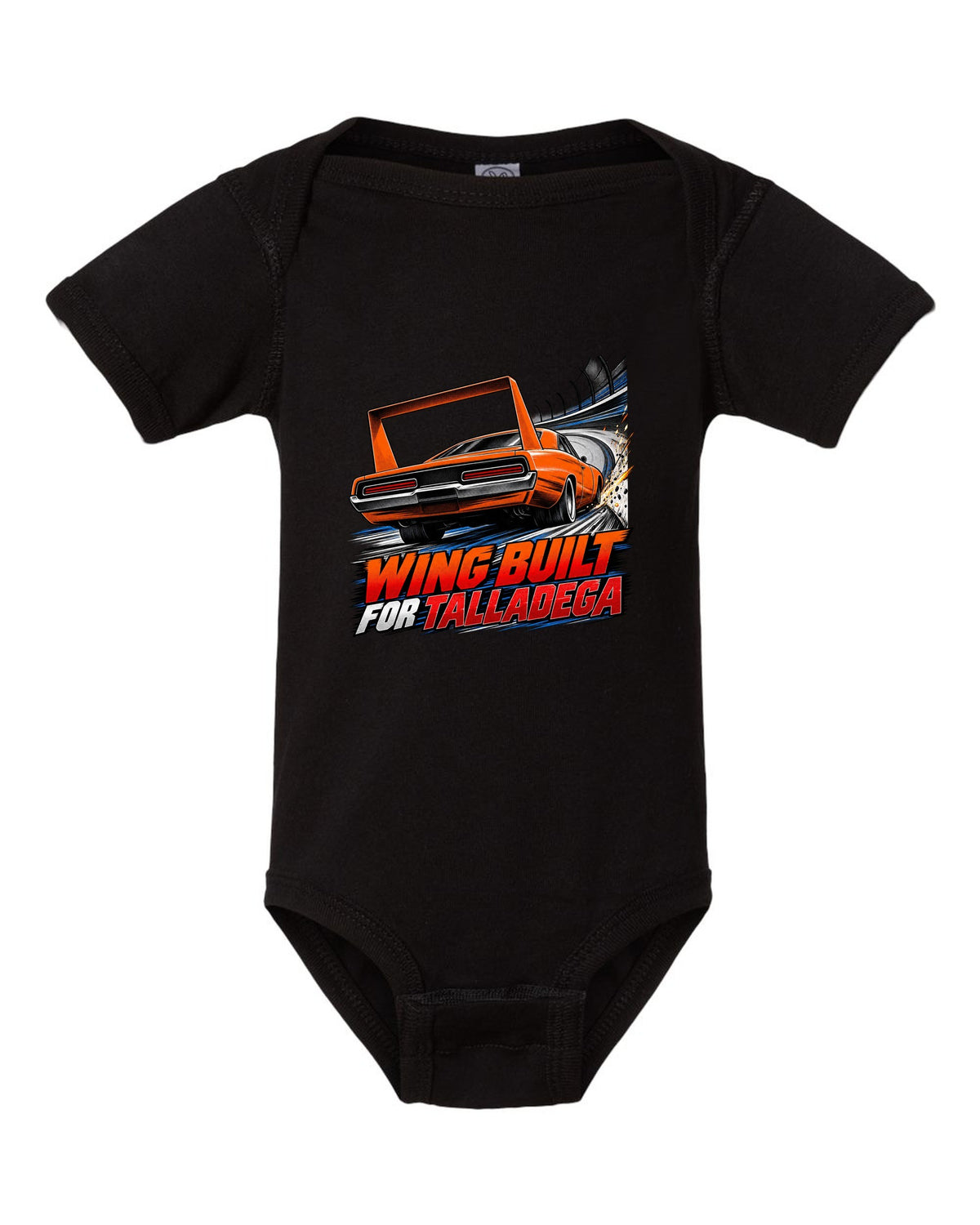 Retro manga halftone panel of a 1969 Dodge Charger Daytona with wing speed lines and Talladega text black baby onesie front view with the design