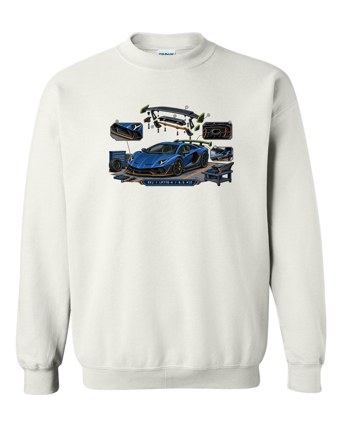 Isometric exploded-view engineering drawing of a Lamborghini Aventador SVJ LP770-4 with V12 text white crewneck front view with the design