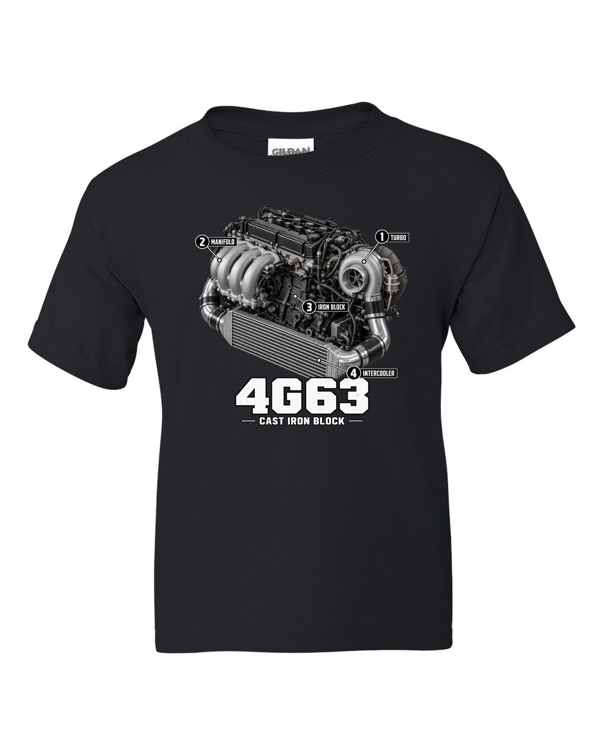 Engine diagram print for the Mitsubishi Lancer Evolution VI CP9A showing a 4G63 with turbo, manifold, iron block and intercooler callouts black kids tee front view with the design