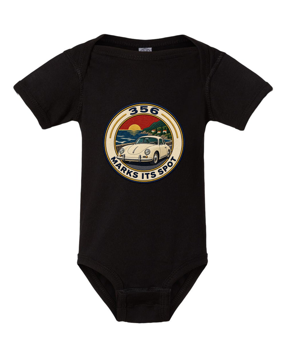 Round varsity crest style illustration of a Porsche 356 A black baby onesie front view with the design