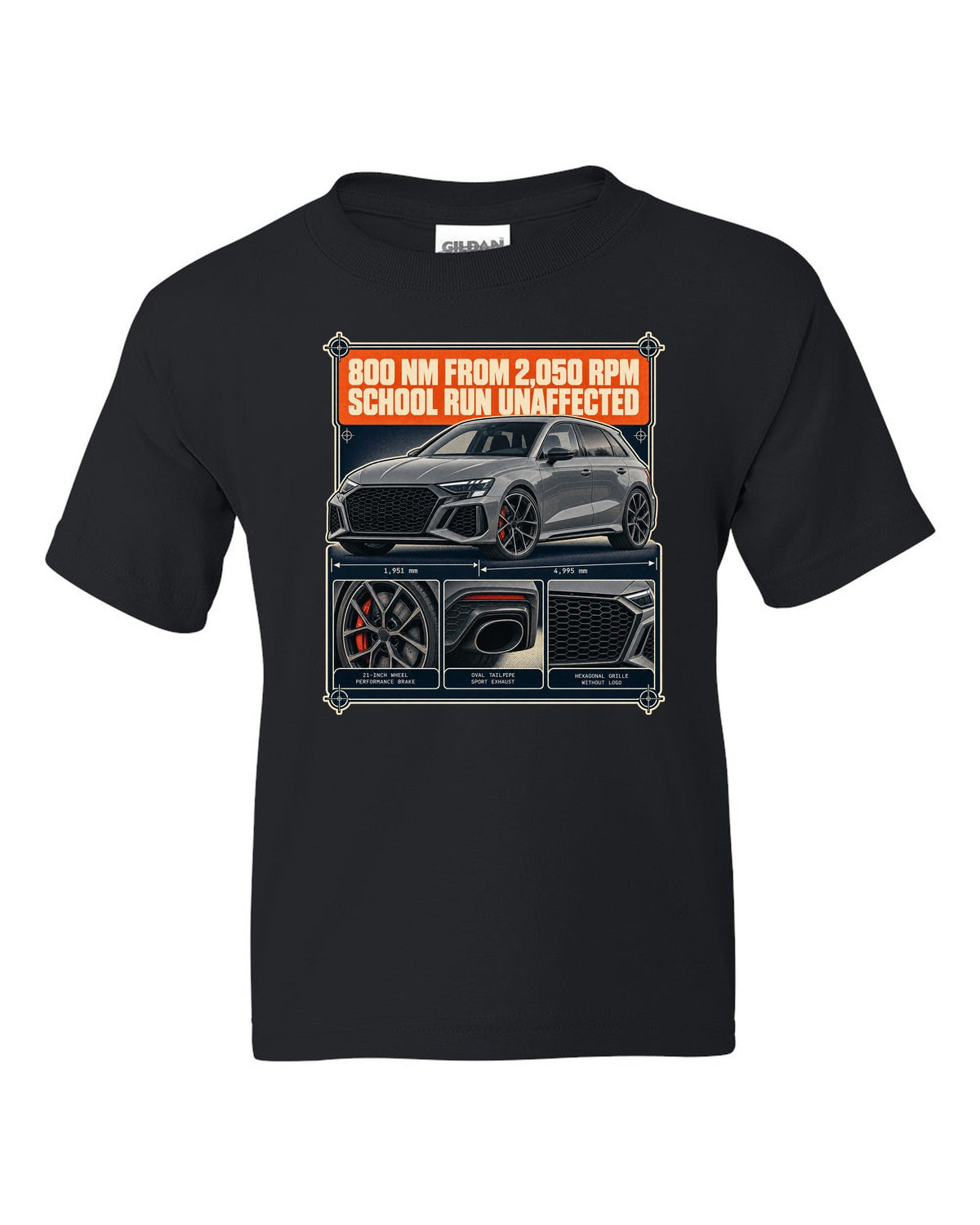 Dossier panels for the Audi RS6 Avant C8 noting 800 Nm from 2,050 rpm black kids tee front view with the design