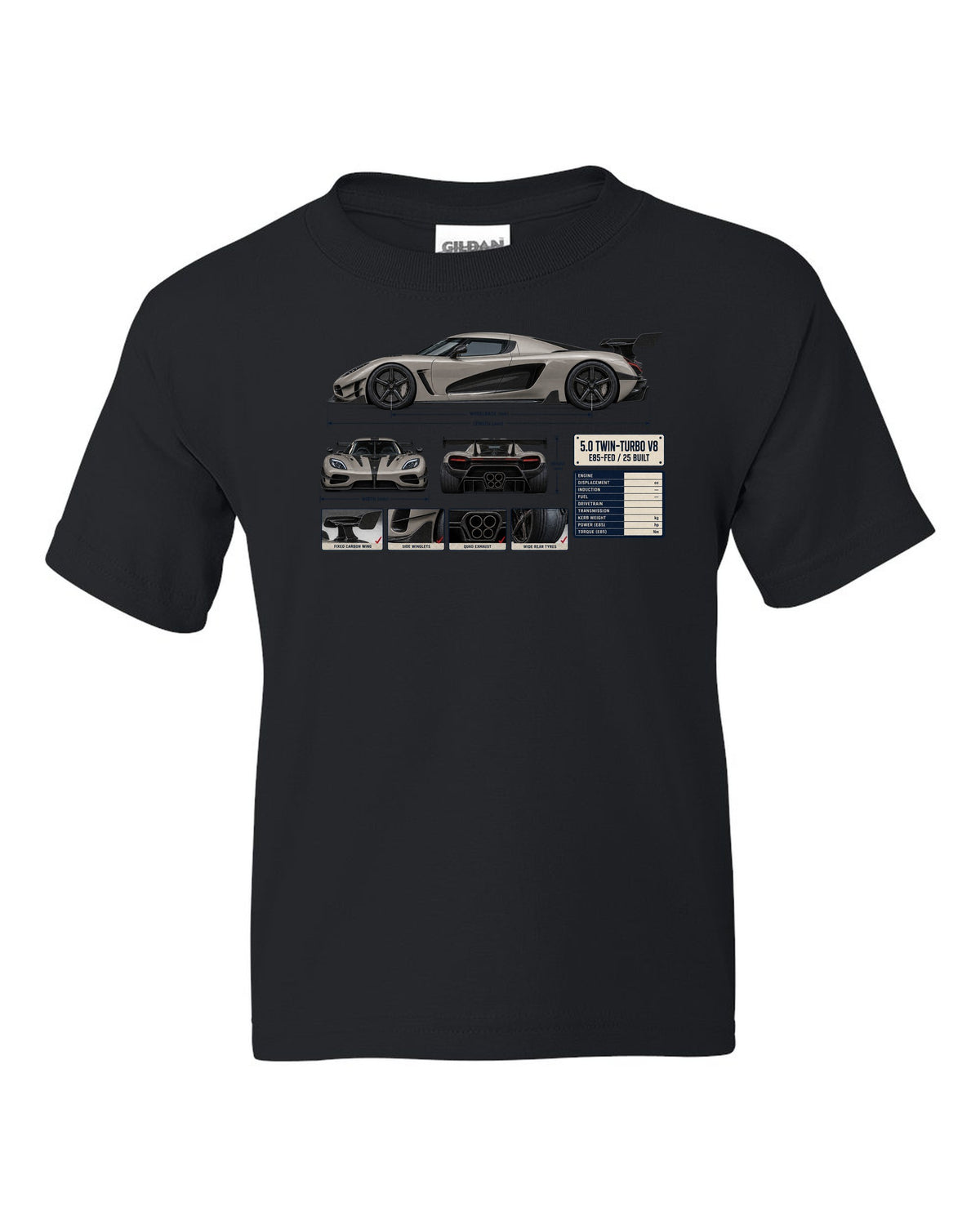Three-view and spec table print of the Koenigsegg Agera RS with the text 5.0 twin-turbo V8, E85-fed, 25 built black kids tee front view with the design
