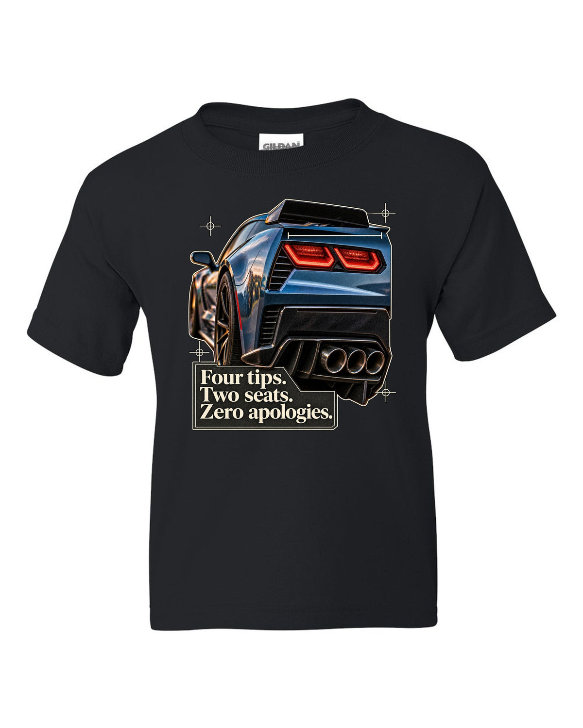 print of a Chevrolet Corvette C7 Z06 rear tail macro with four exhaust tips text black kids tee front view with the design