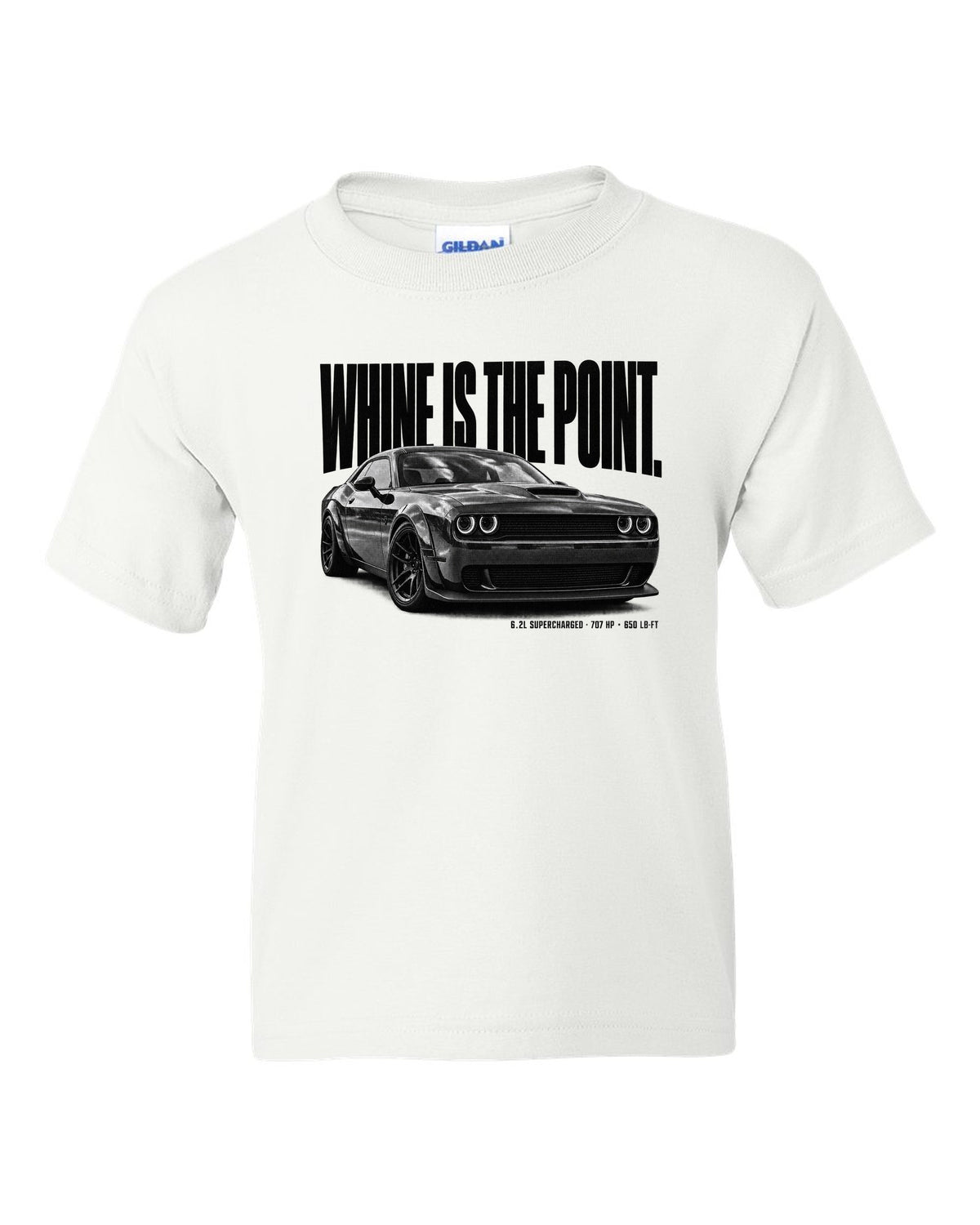 Halftone statement print of a 2018 Dodge Challenger Hellcat with whine is the point text white kids tee front view with the design
