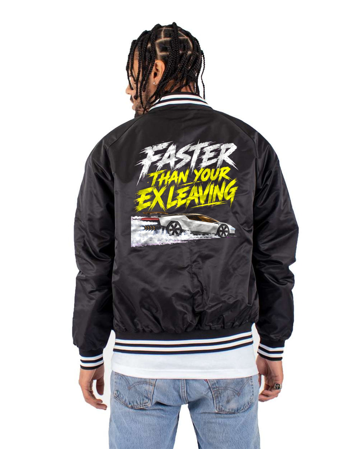 Faster Than Your Ex Leaving Tesla Roadster Shirt, Hoodie & More Bomber Jacket Black back