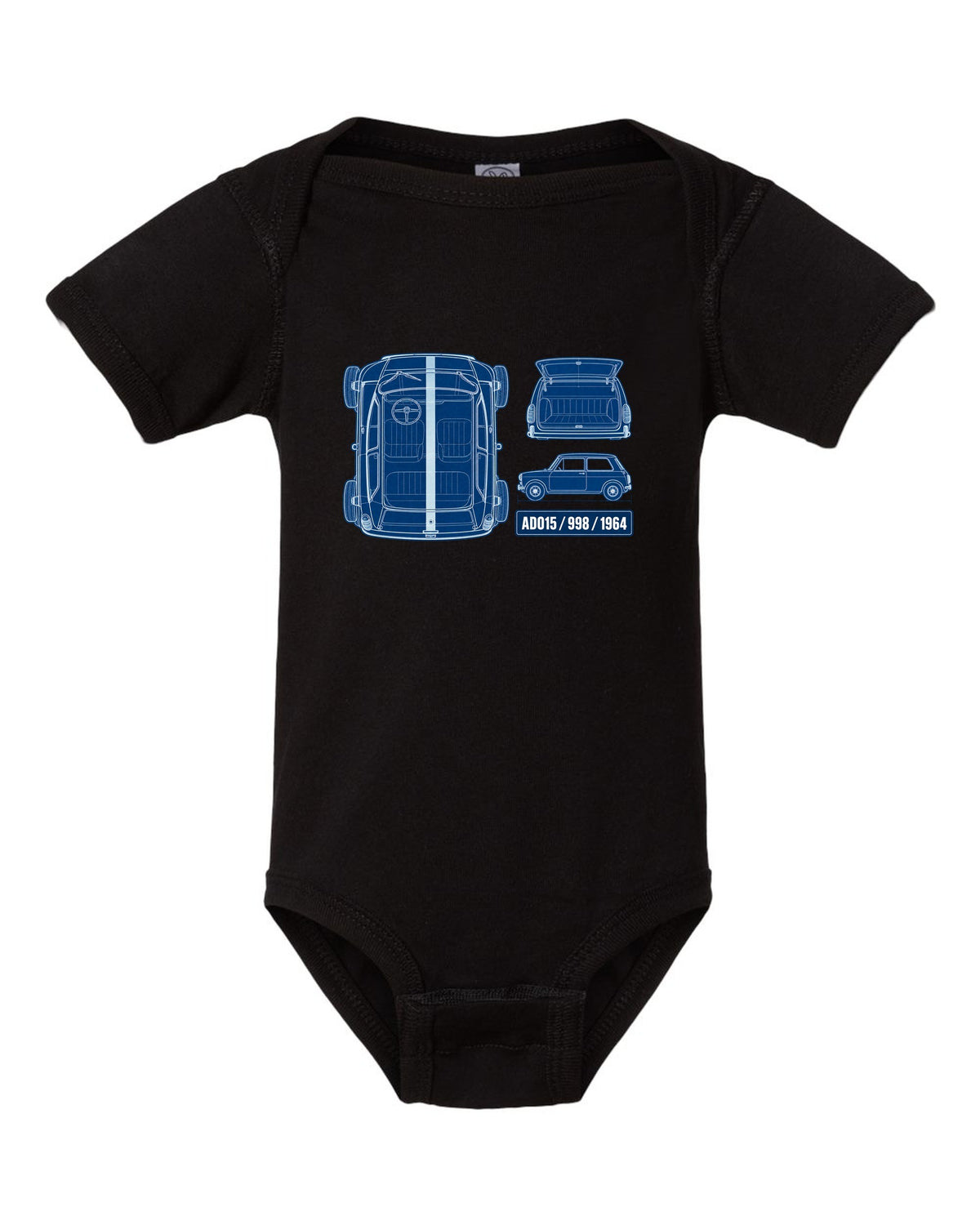 1964 Mini Cooper Mk I ADO15 in a white-on-blue cyanotype blueprint style black baby onesie front view with the design
