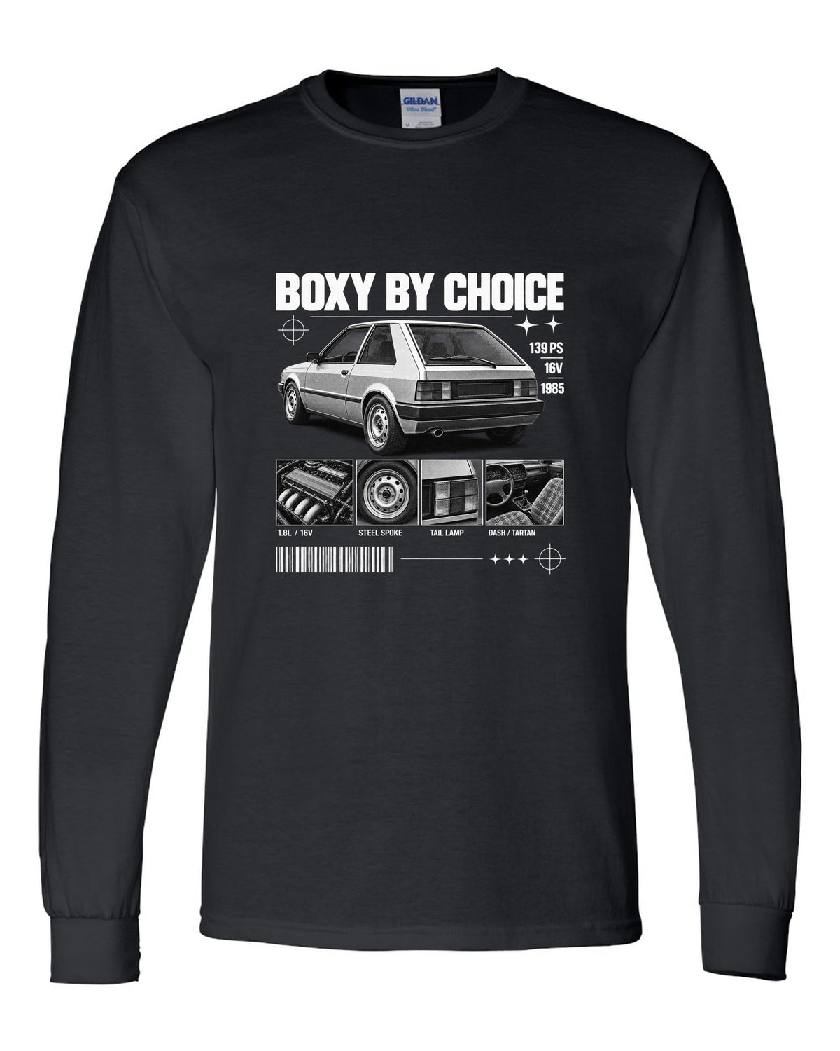 VW Golf Mk2 GTI 16V 1985 rear three-quarter in dossier panels with 139 PS text black long sleeve front view with the design