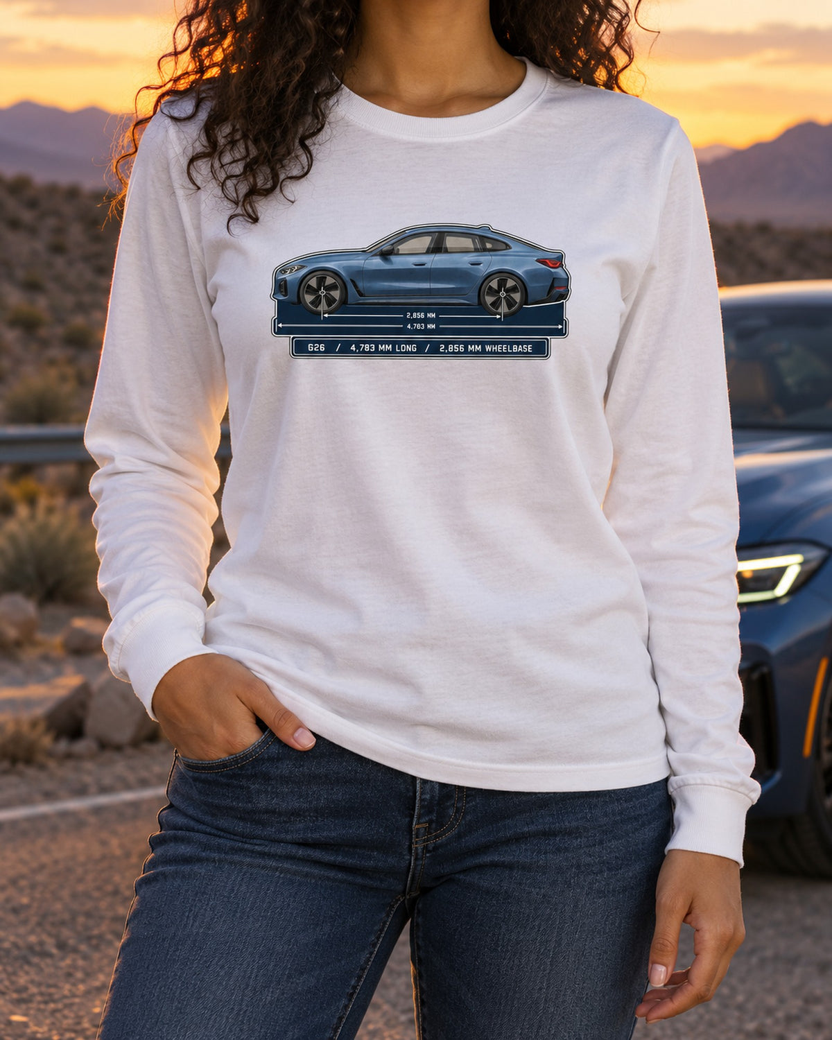 BMW i4 M50 G26 Gran Coupe Dimension Blueprint Shirt Long Sleeve White worn hero