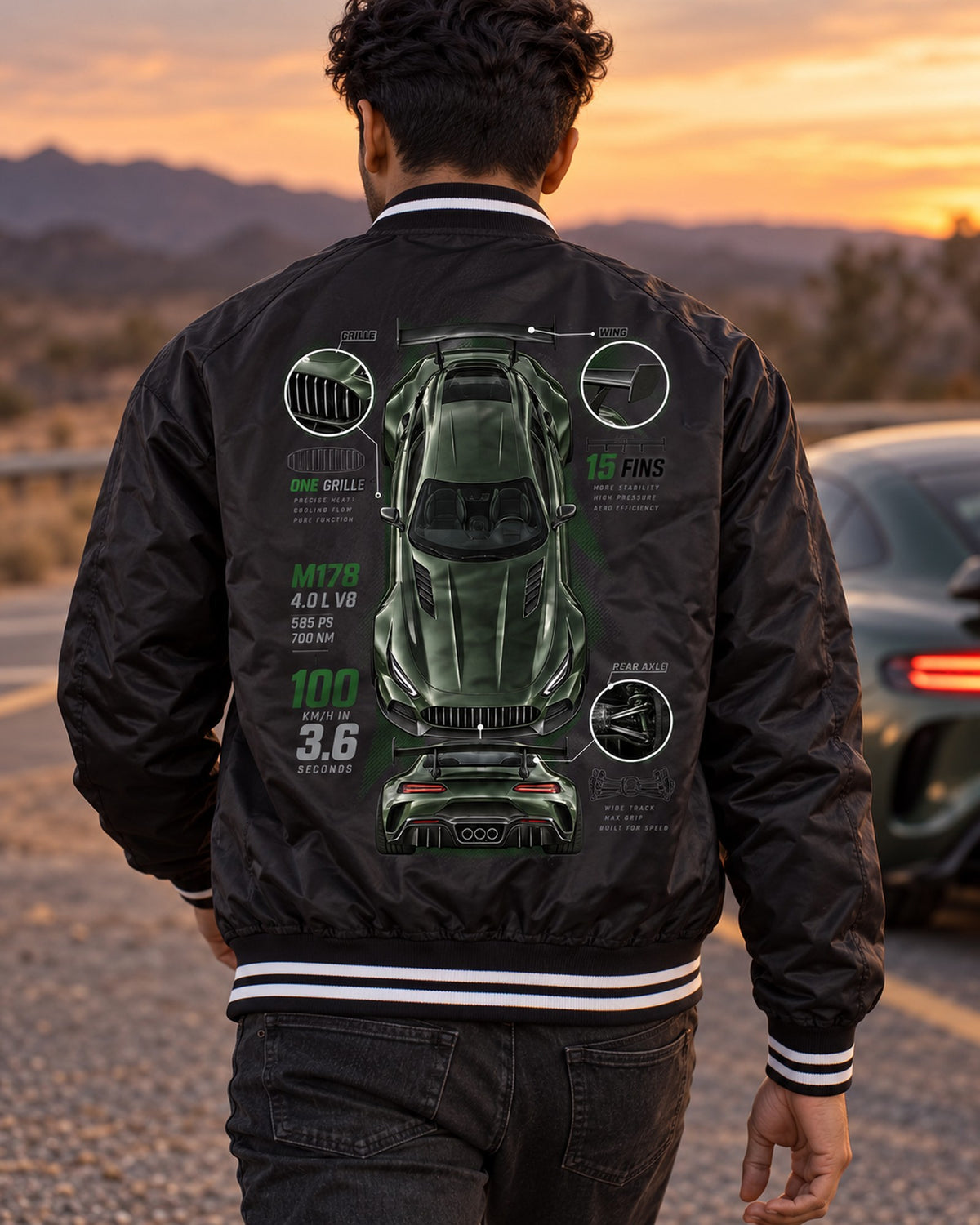 Mercedes-AMG GT R C190 Spec Poster Shirt, Fifteen Fins Bomber Jacket Black worn hero