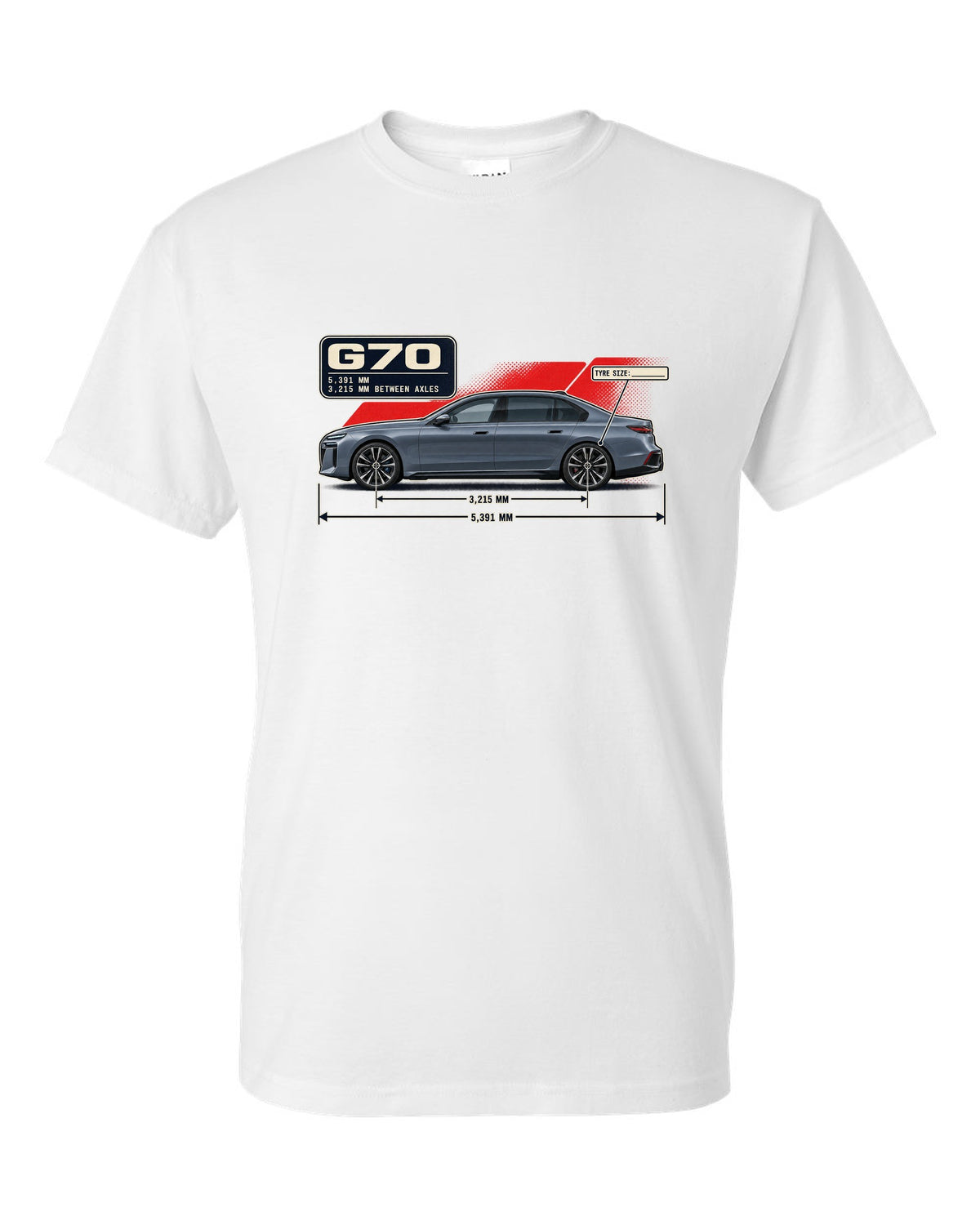 Dimension blueprint print of the BMW i7 M70 xDrive G70 white t-shirt front view with the design