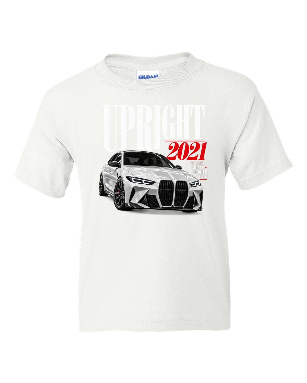 BMW G80 M3 editorial print with upright 2021 headline and grille tagline white kids tee front view with the design