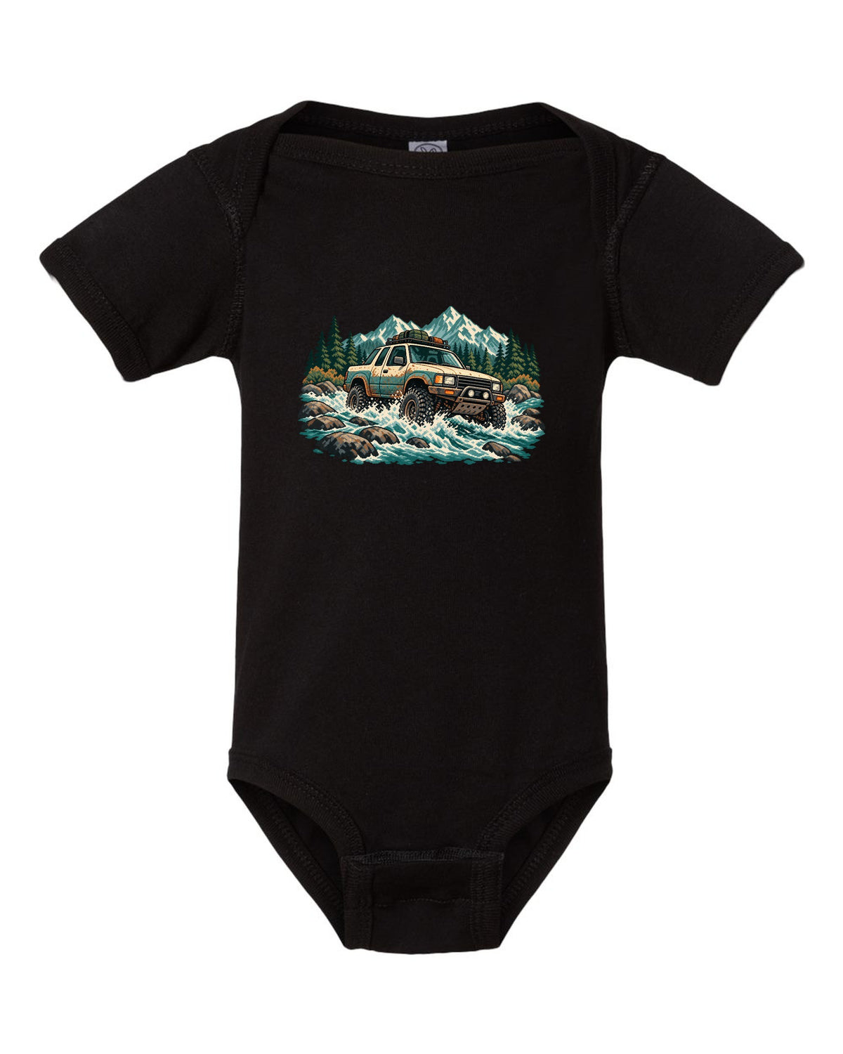 16-bit pixel art of a 2021 Ford F-150 Raptor Gen 3 P702 crossing a river with 5-LINK REAR lettering black baby onesie front view with the design