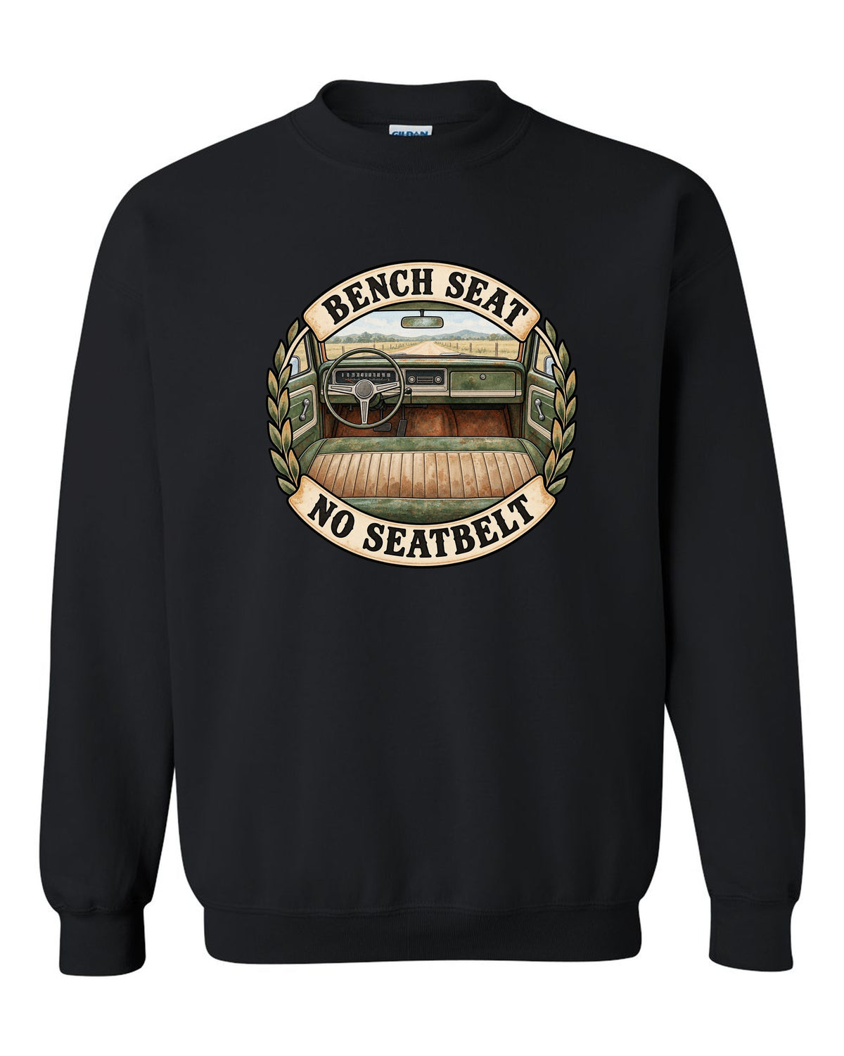 Watercolor print of the dash and bench seat in a 1967-72 Chevrolet C10 Action Line Fleetside Cheyenne black crewneck front view with the design