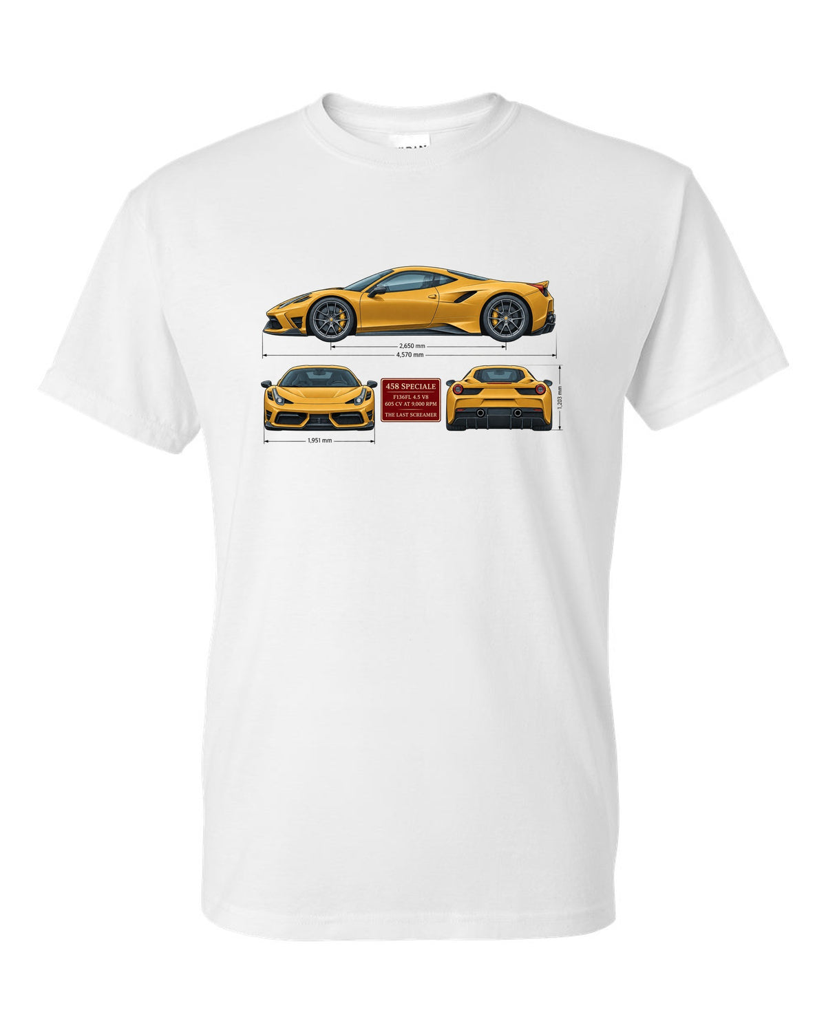 Three-view spec table print of the Ferrari 458 Speciale in ochre white t-shirt front view with the design