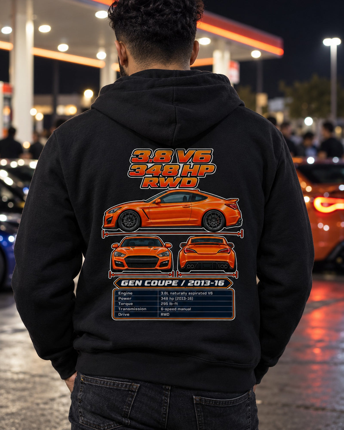 Hyundai Genesis Coupe 38 Spec Sheet Full-Back Graphic Tee Zip Hoodie Black worn hero