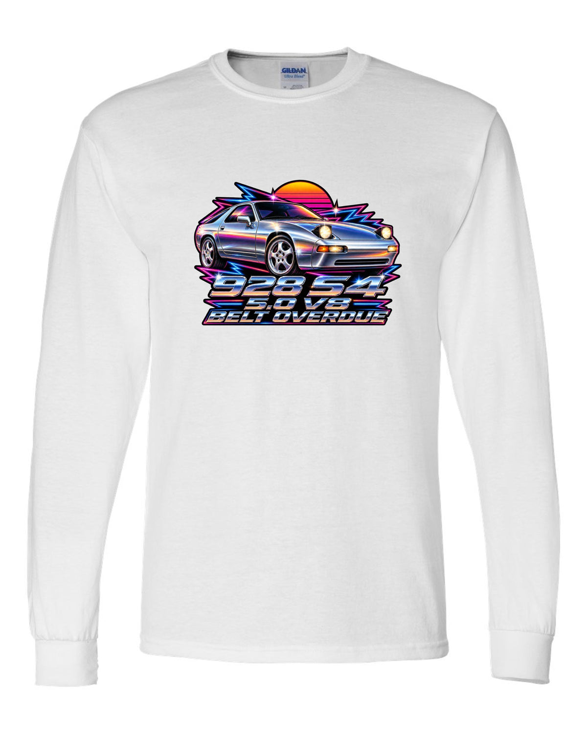 Porsche 928 S4 80s airbrush chrome design with pop-up headlights white long sleeve front view with the design
