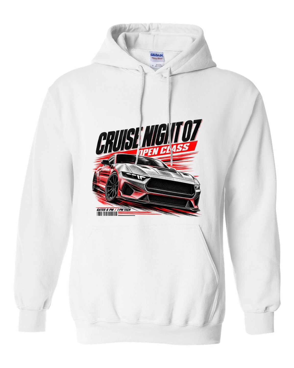 Ford Mustang S650 GT race poster print reading Cruise Night 07 Open Class white pull over hoodie front view with the design