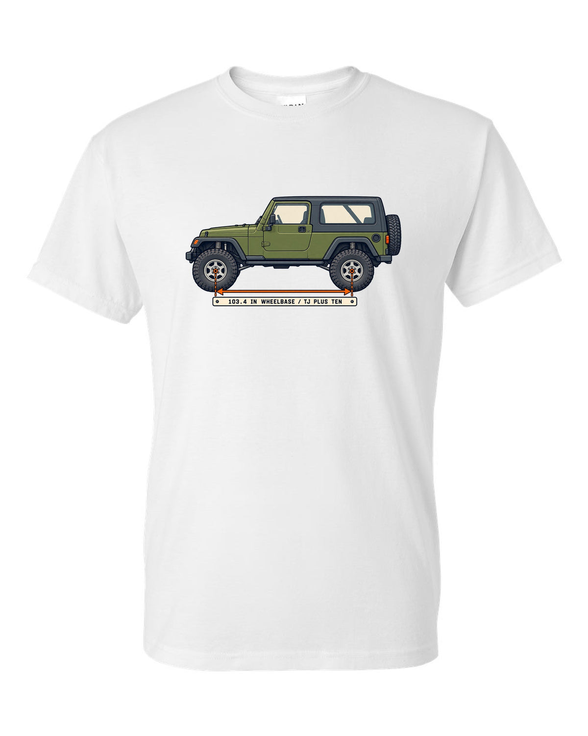 Patent-style line drawing of a Jeep Wrangler LJ Unlimited with 103.4 IN WHEELBASE TJ PLUS TEN lettering white t-shirt front view with the design
