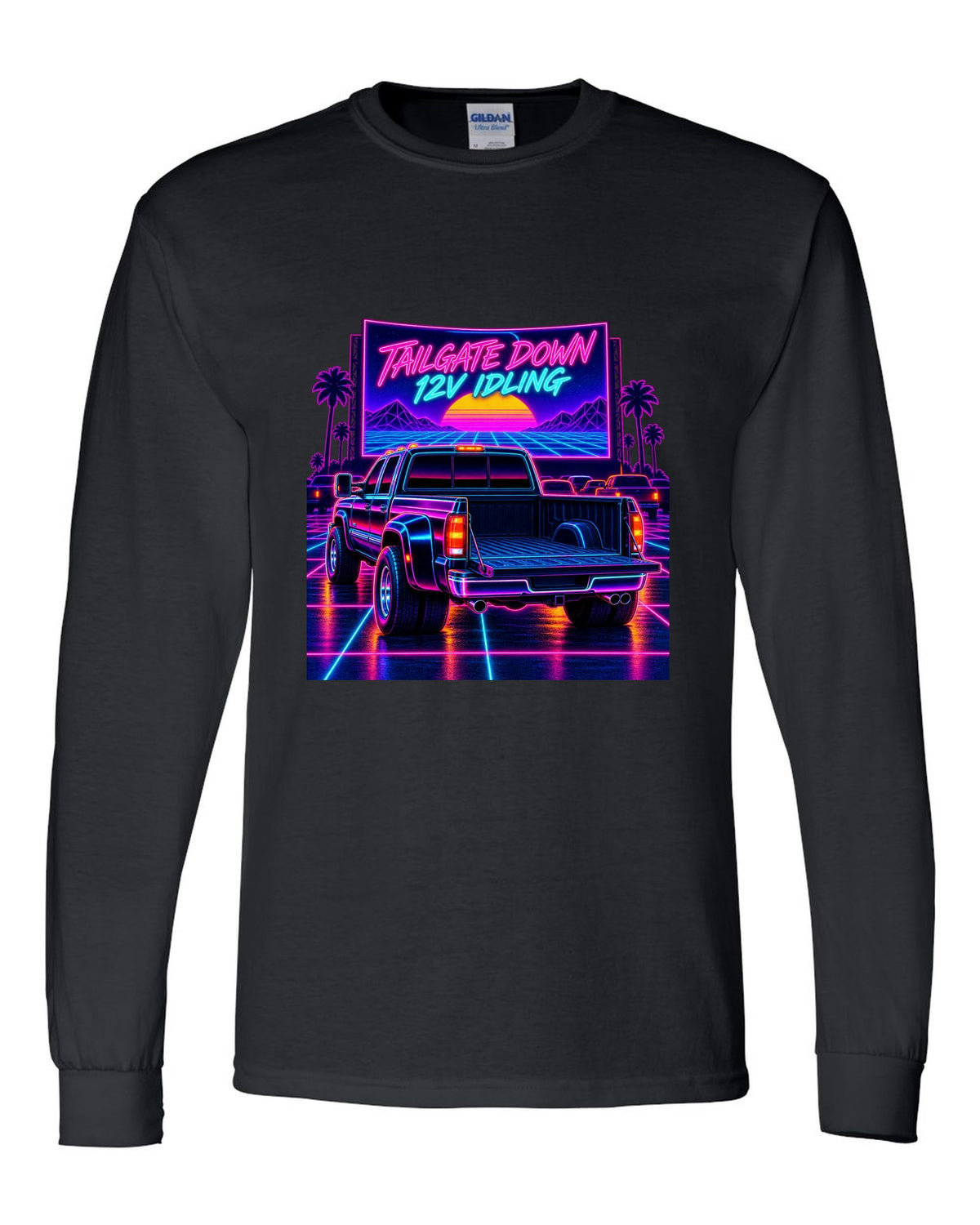 Neon synthwave drive-in print of a 1994-1998 Dodge Ram 2500 12V Cummins with tailgate down black long sleeve front view with the design