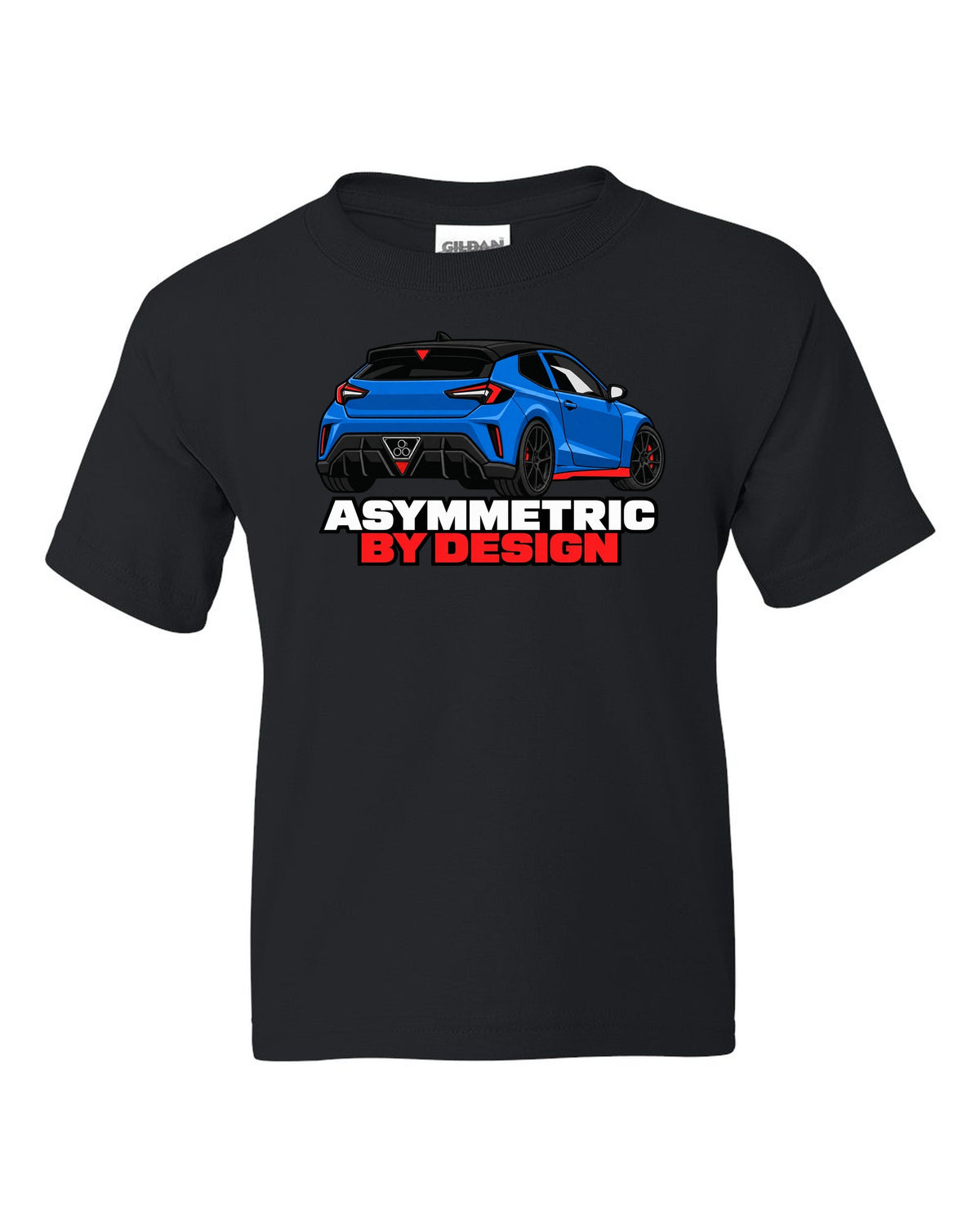 Hyundai Veloster N JS flat vector rear three-quarter print with asymmetric by design text black kids tee front view with the design