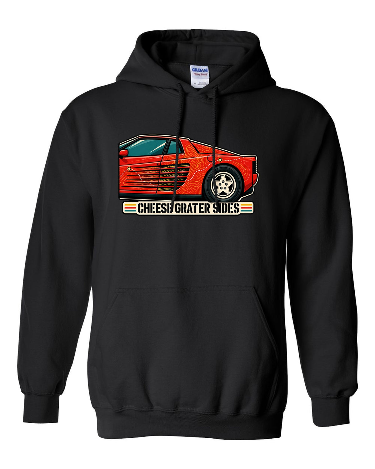 Topographic contour line print of the Ferrari Testarossa F110 with the text cheese grater sides black pull over hoodie front view with the design