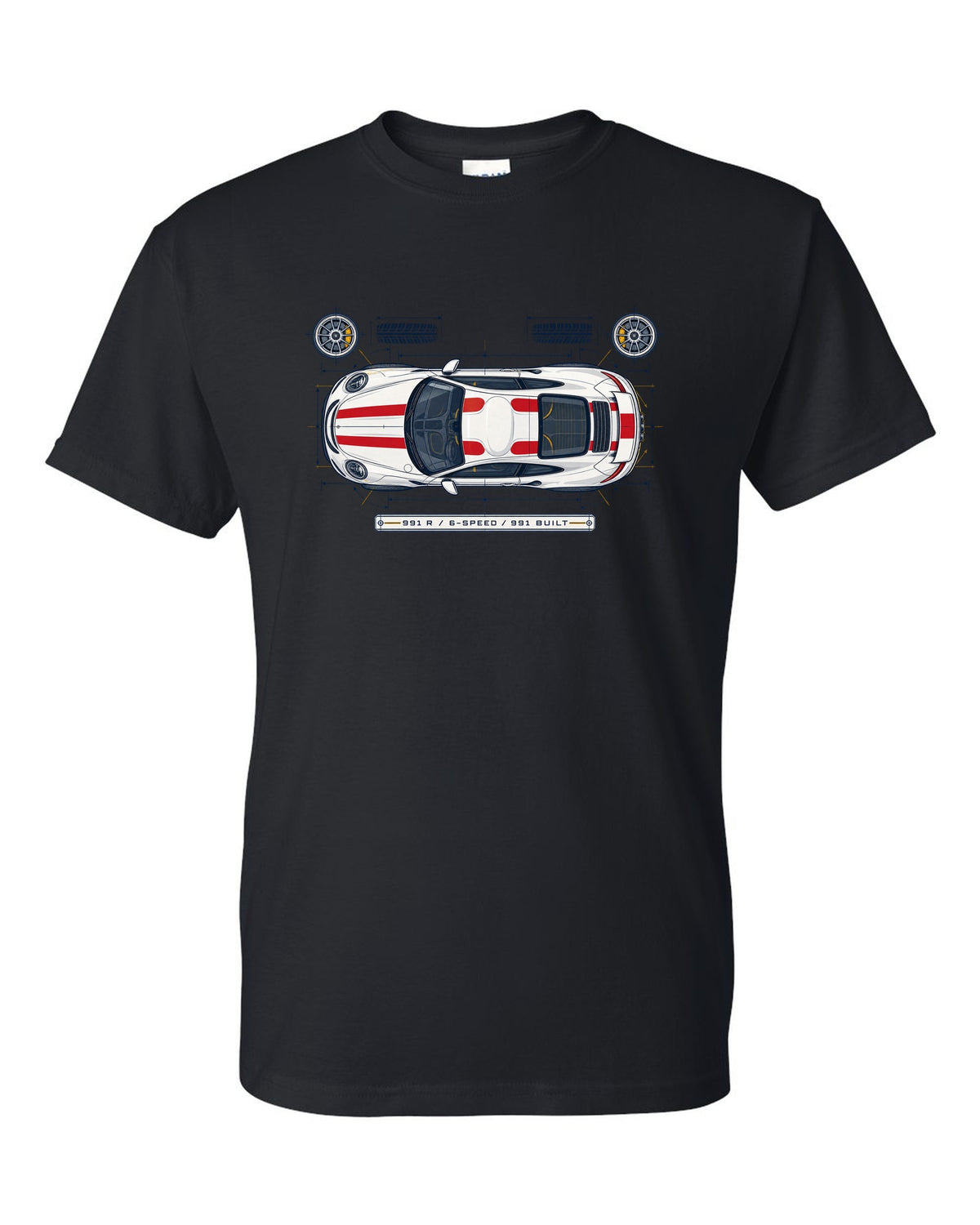 Porsche 993 Carrera five-dial gauge cluster HUD design with no screens text black t-shirt front view with the design