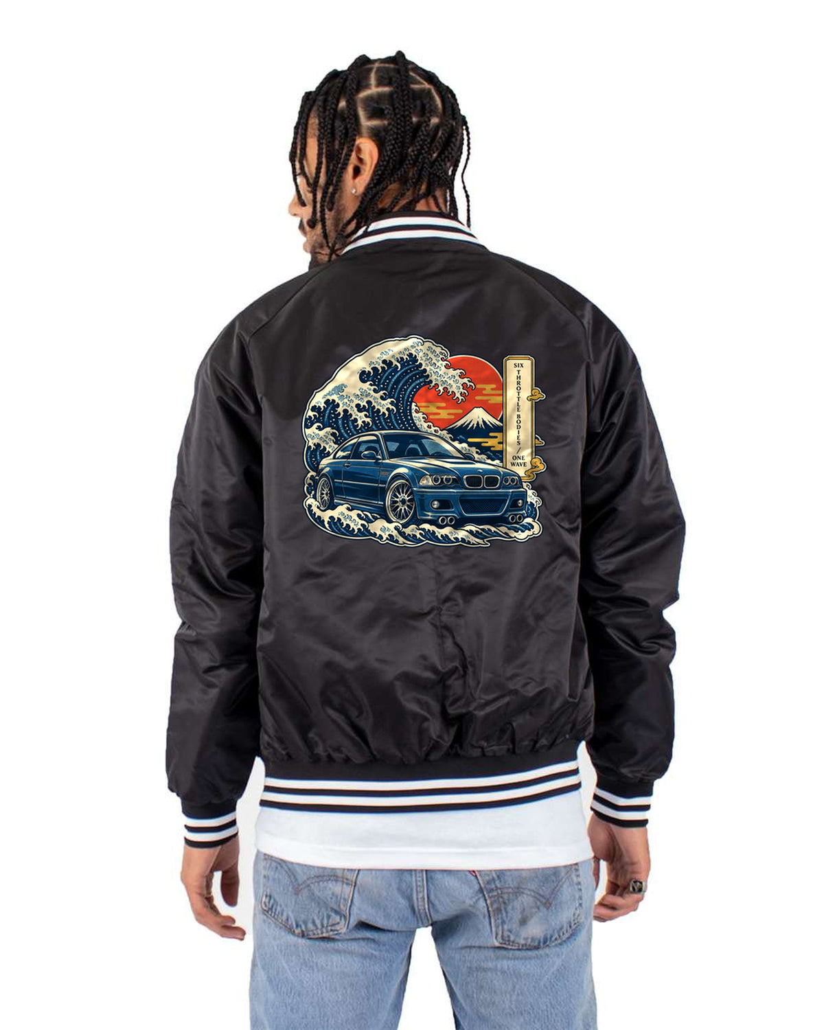 BMW E46 M3 Straight Six Woodblock Wave Shirt Bomber Jacket Black back