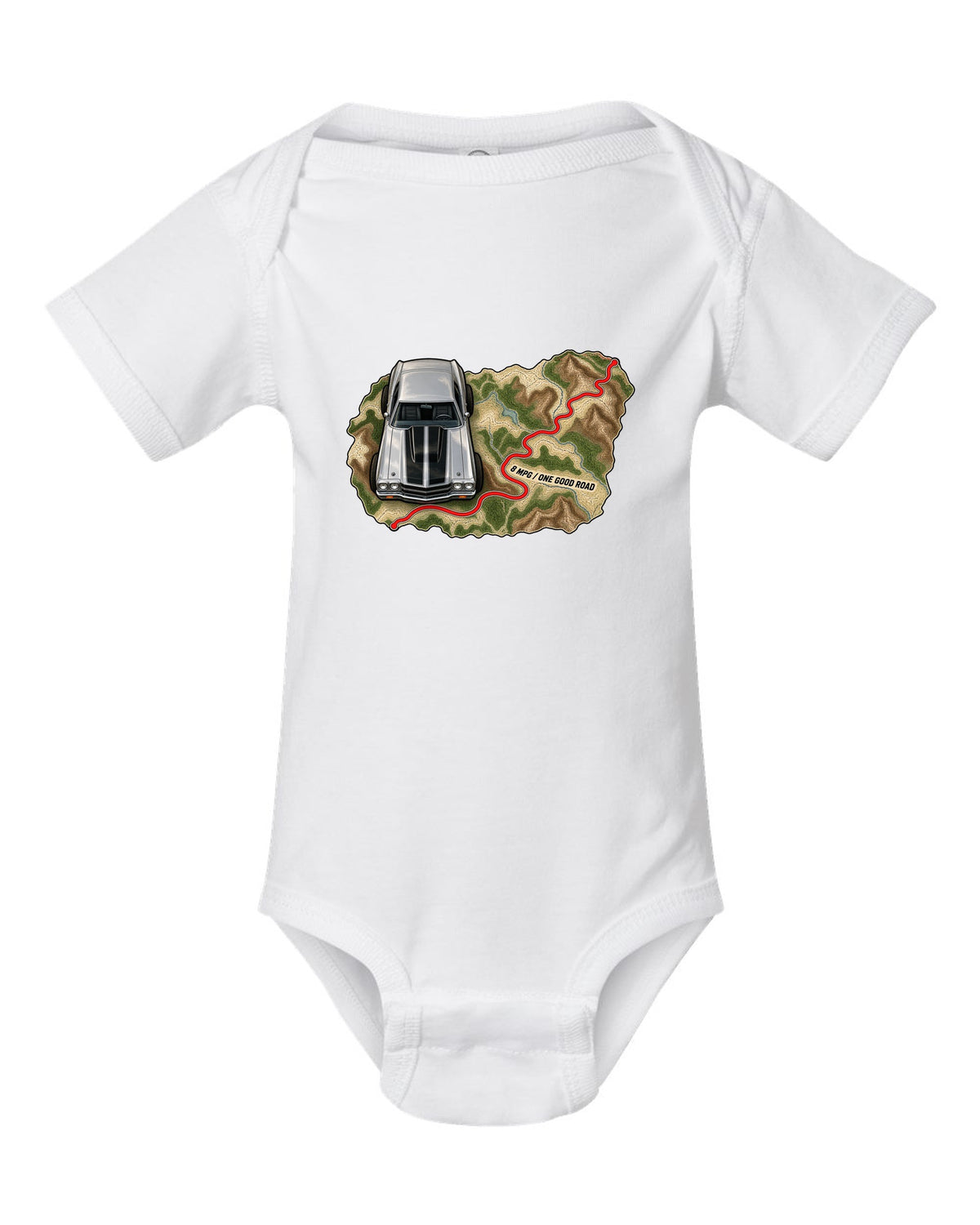 1970 Chevelle SS 454 on a topographic route map with the text 8 MPG One Good Road white baby onesie front view with the design