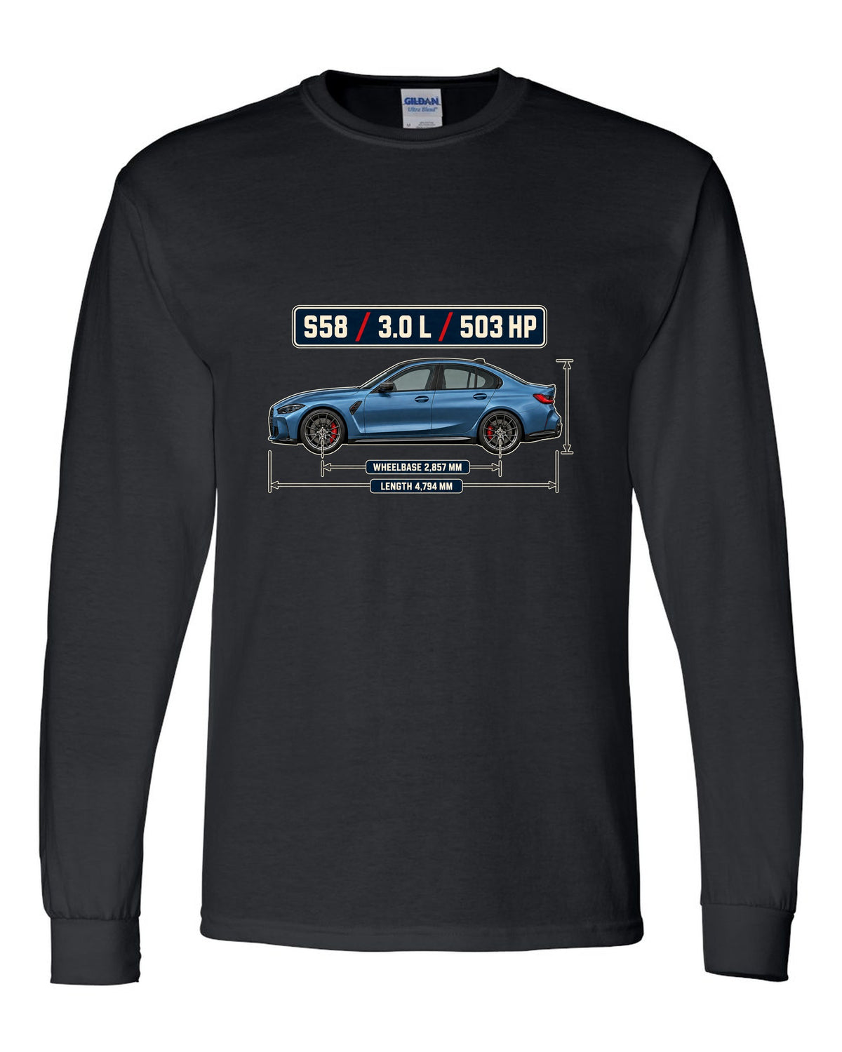 BMW M3 Competition G80 dimension blueprint print with S58 specs black long sleeve front view with the design