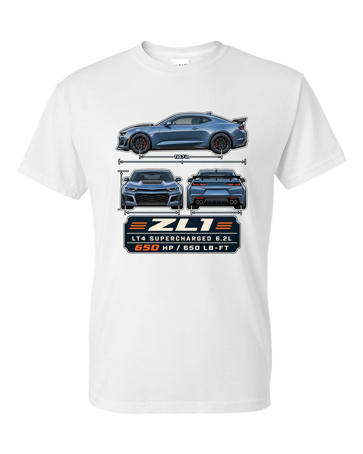 Three-view plate print of a 6th generation Chevrolet Camaro ZL1 white t-shirt front view with the design