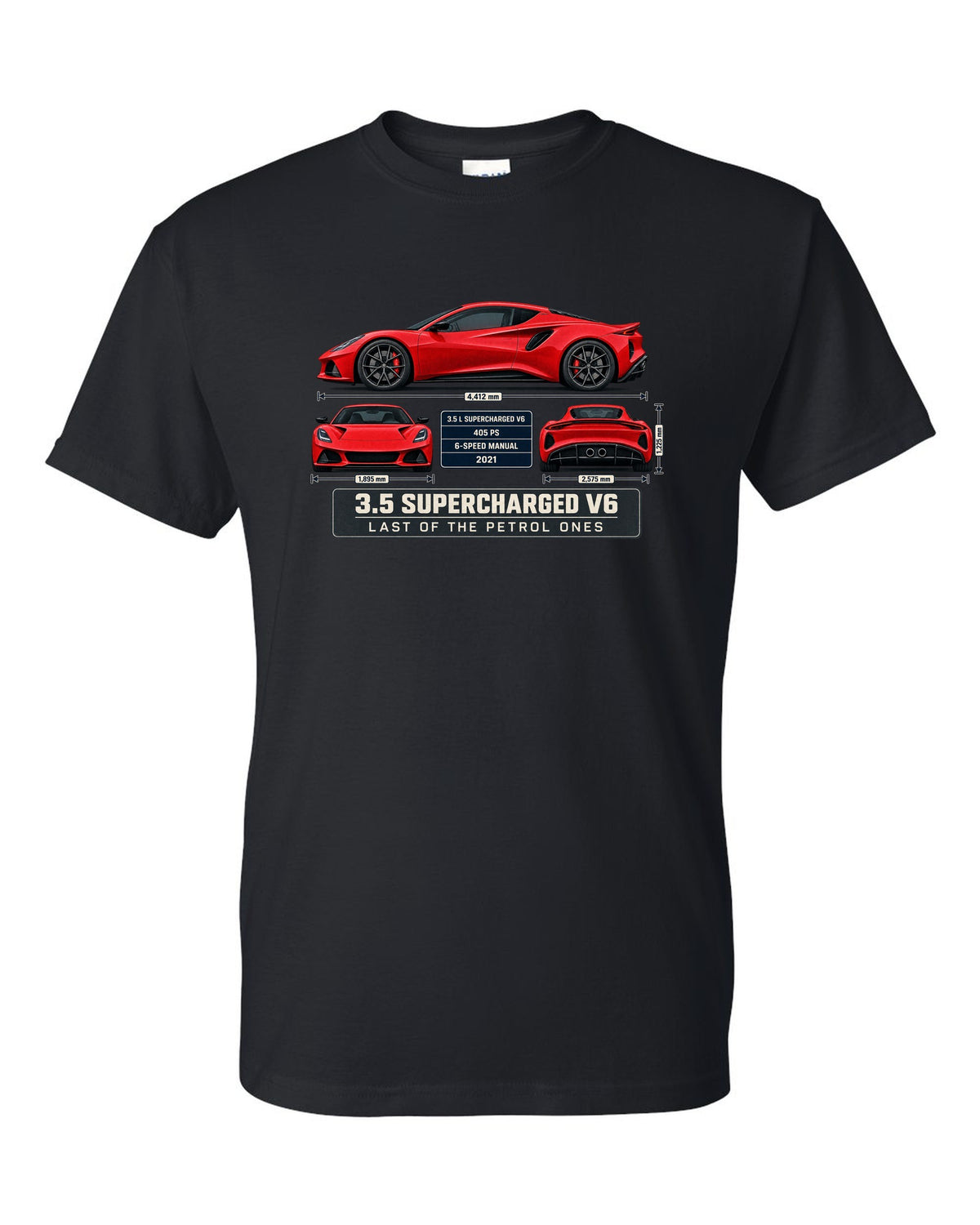 Lotus Emira V6 First Edition Spec Poster Tee, 3.5 Supercharg black t-shirt front view with the design