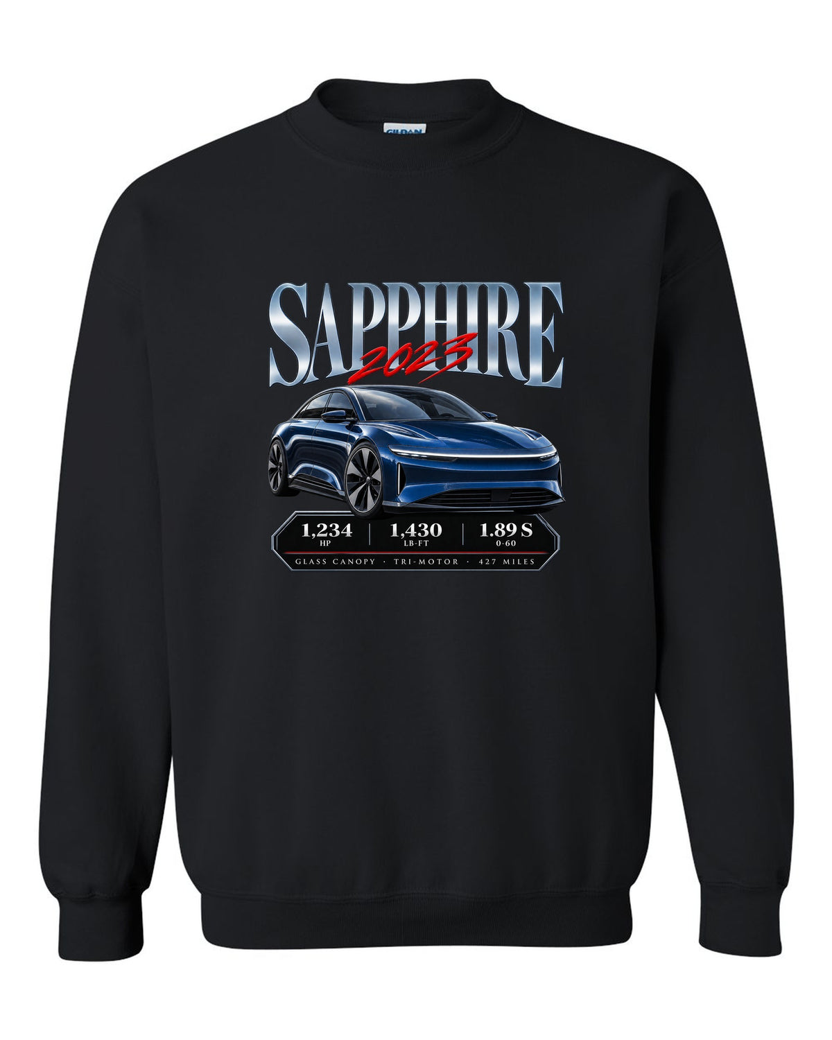 Archive panel print of a 2023 Lucid Air Sapphire with horsepower and range figures black crewneck front view with the design
