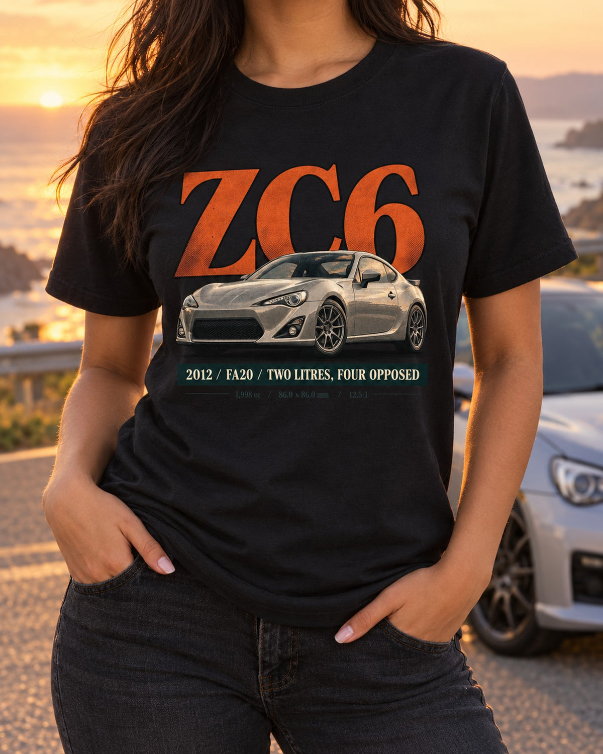 Subaru BRZ ZC6 Editorial Headline Shirt, FA20 Car Tee T-Shirt Black worn hero