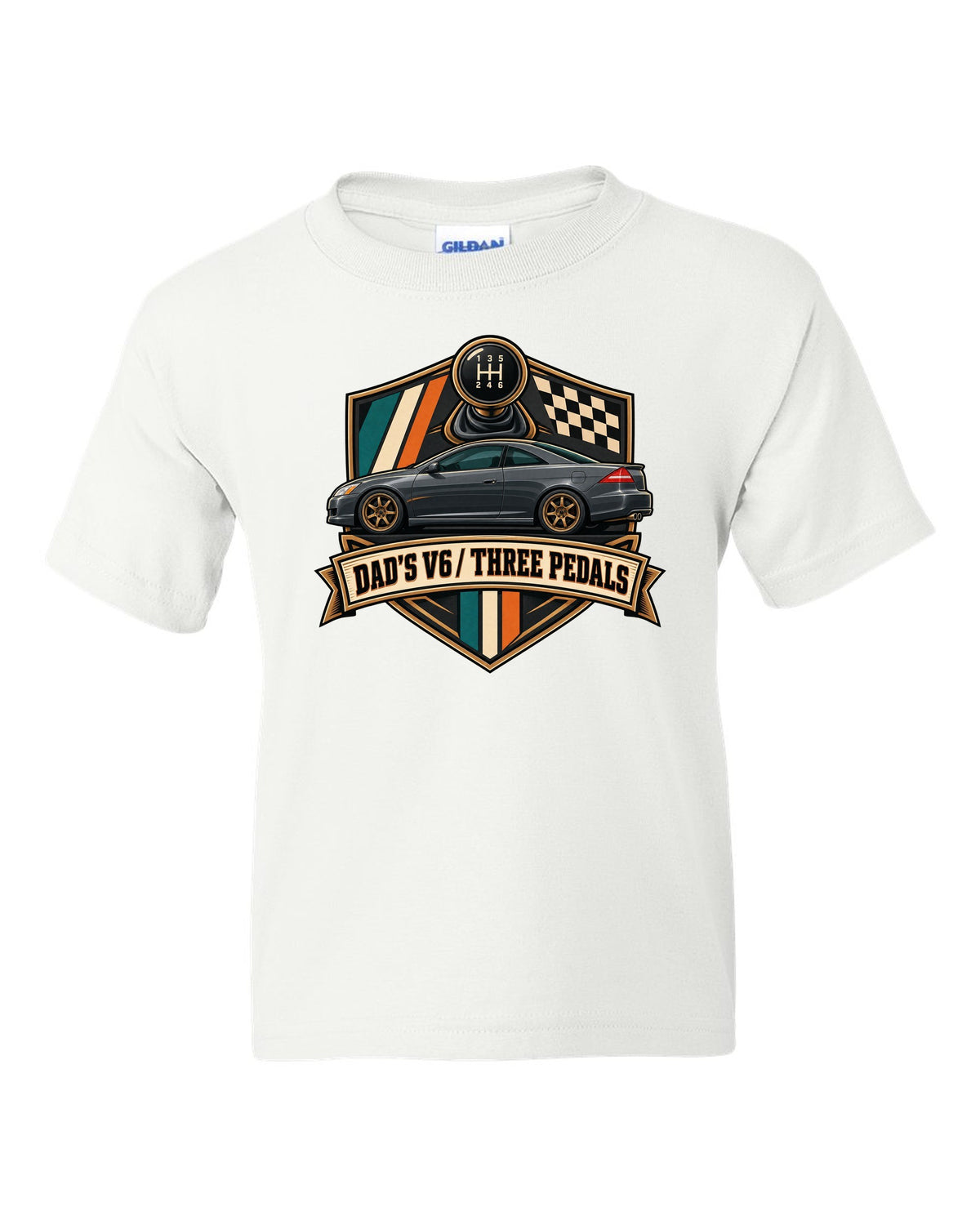Crest layout print for the Honda Accord V6 Coupe with three pedals text white kids tee front view with the design