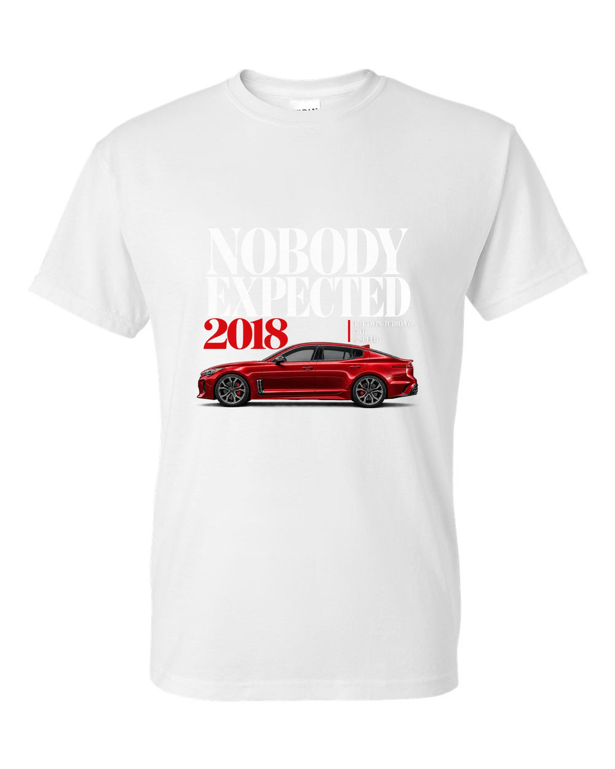 Kia Stinger GT editorial headline print with twin-turbo V6 spec text white t-shirt front view with the design