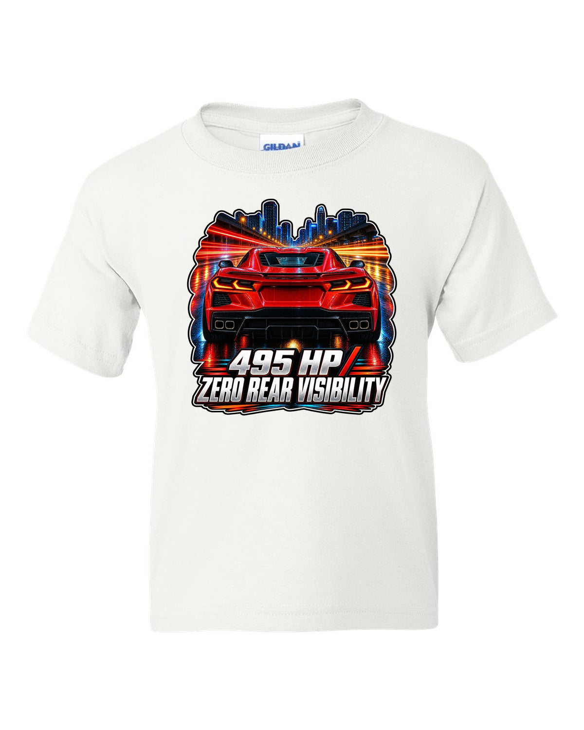 Long-exposure night poster print of a 2020 Chevrolet Corvette C8 Stingray with 495 HP zero rear visibility lettering white kids tee front view with the design