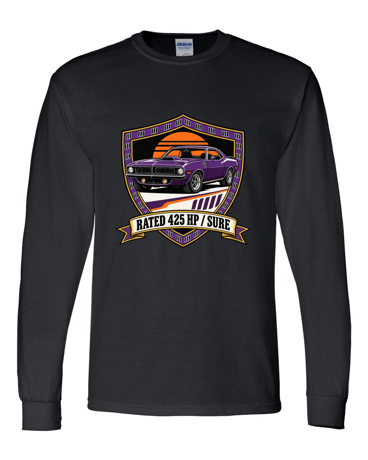 Original shield crest design for a 1970 Plymouth Hemi Cuda with rated 425 HP sure text black long sleeve front view with the design