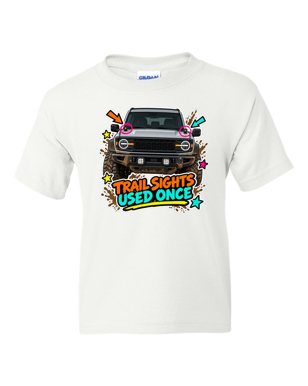 Sticker-bomb collage of a 2021 Ford Bronco with trail sights and USED ONCE lettering white kids tee front view with the design