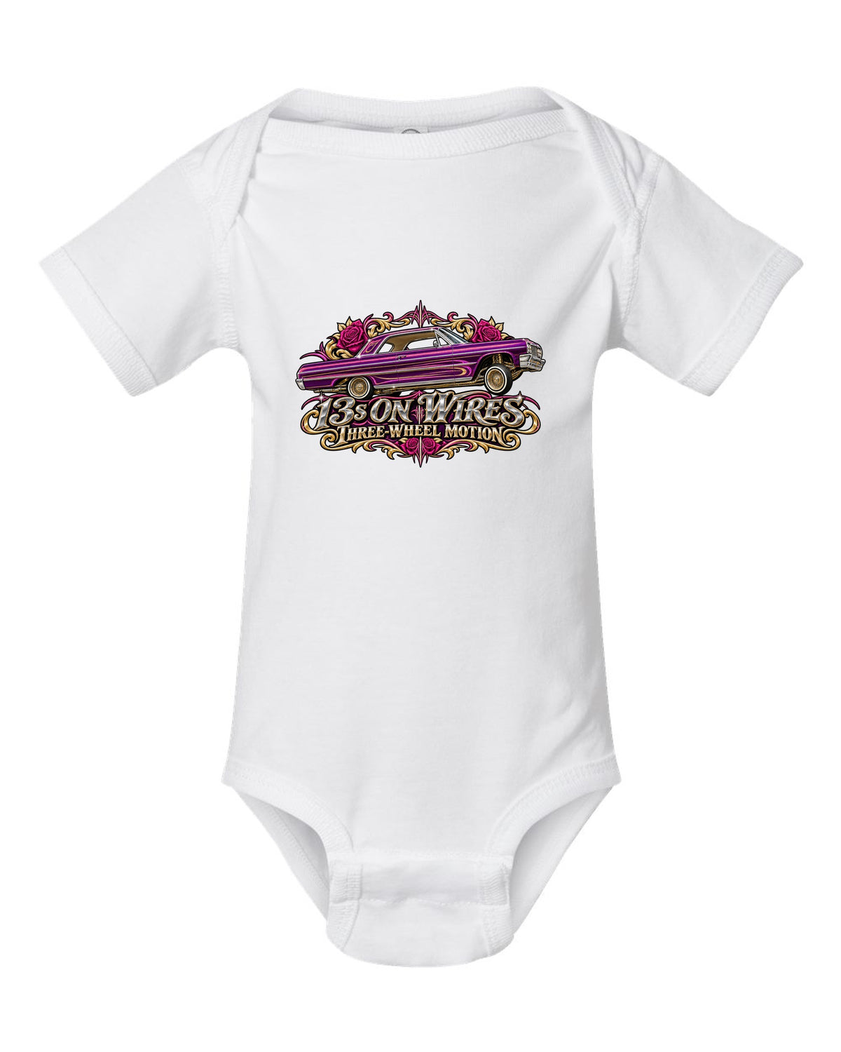 1964 Chevrolet Impala SS lowrider in airbrush style with text 13s on Wires Three-Wheel Motion white baby onesie front view with the design