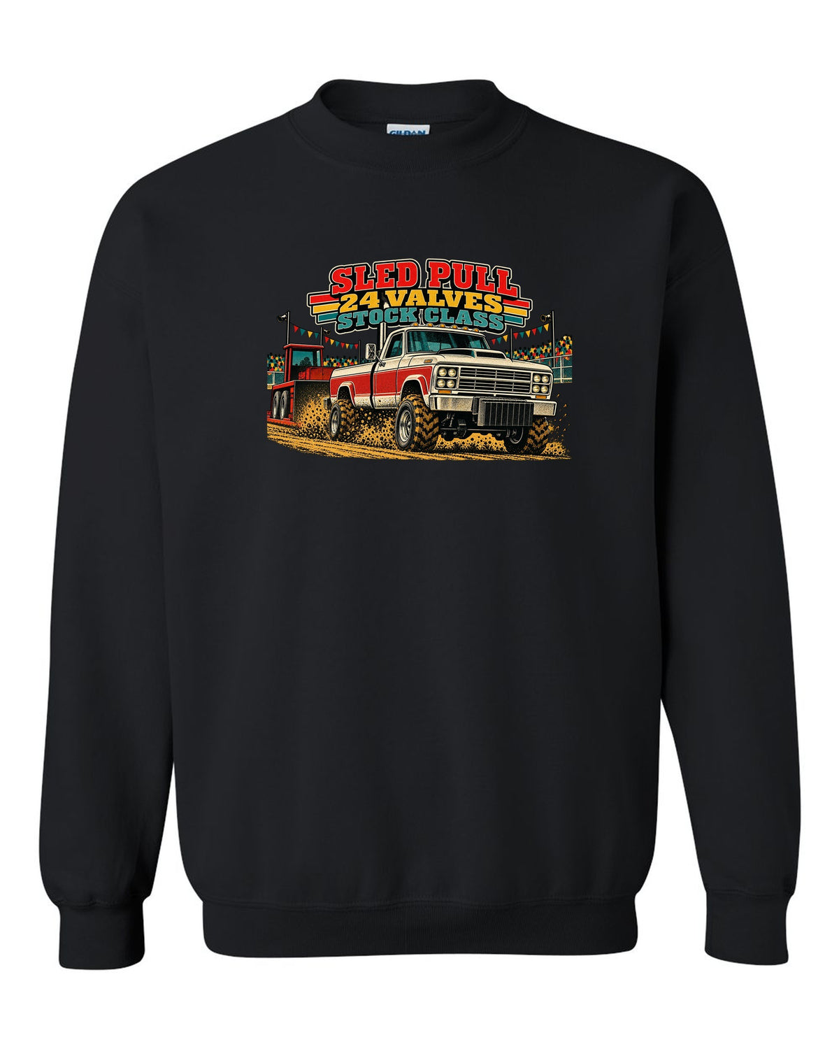 Vintage race poster print of a 1998.5-2002 Ram 2500 24V Cummins for a sled pull black crewneck front view with the design