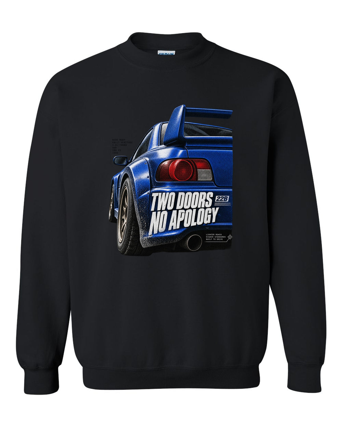 Macro detail of the Subaru Impreza 22B STI rear wing with two doors no apology text black crewneck front view with the design