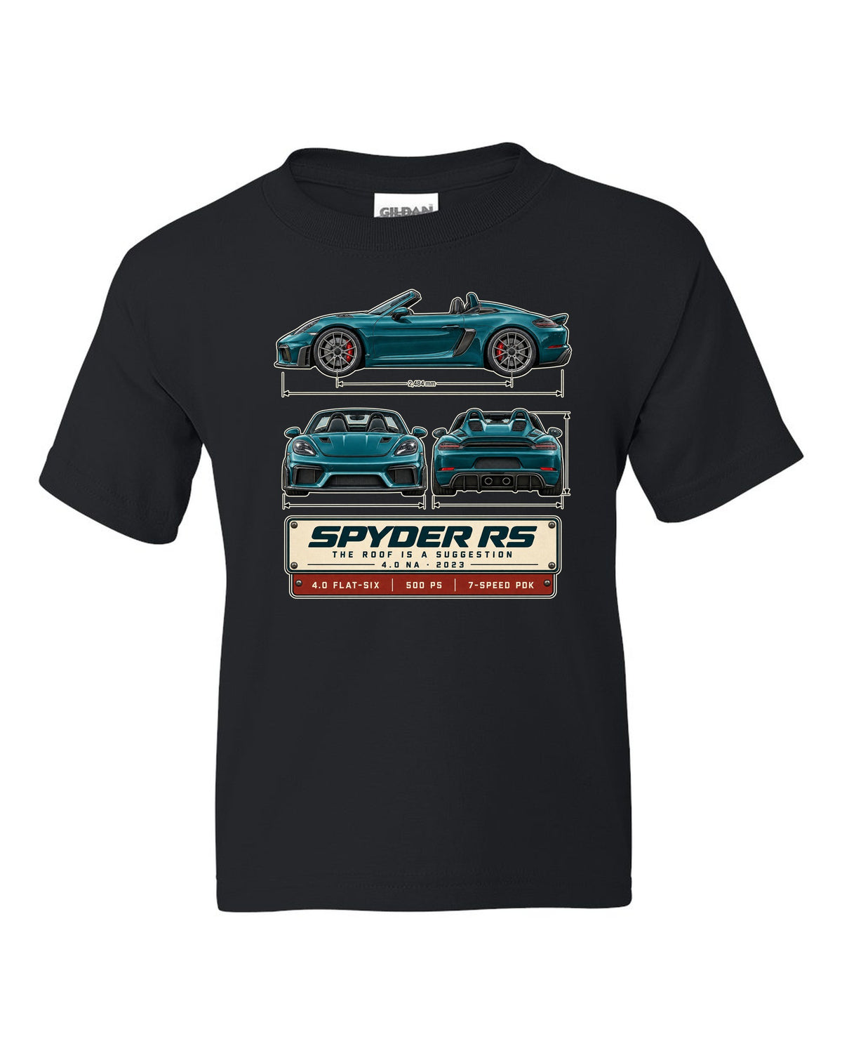 Three-view spec print of a Porsche 718 Spyder RS 982 black kids tee front view with the design