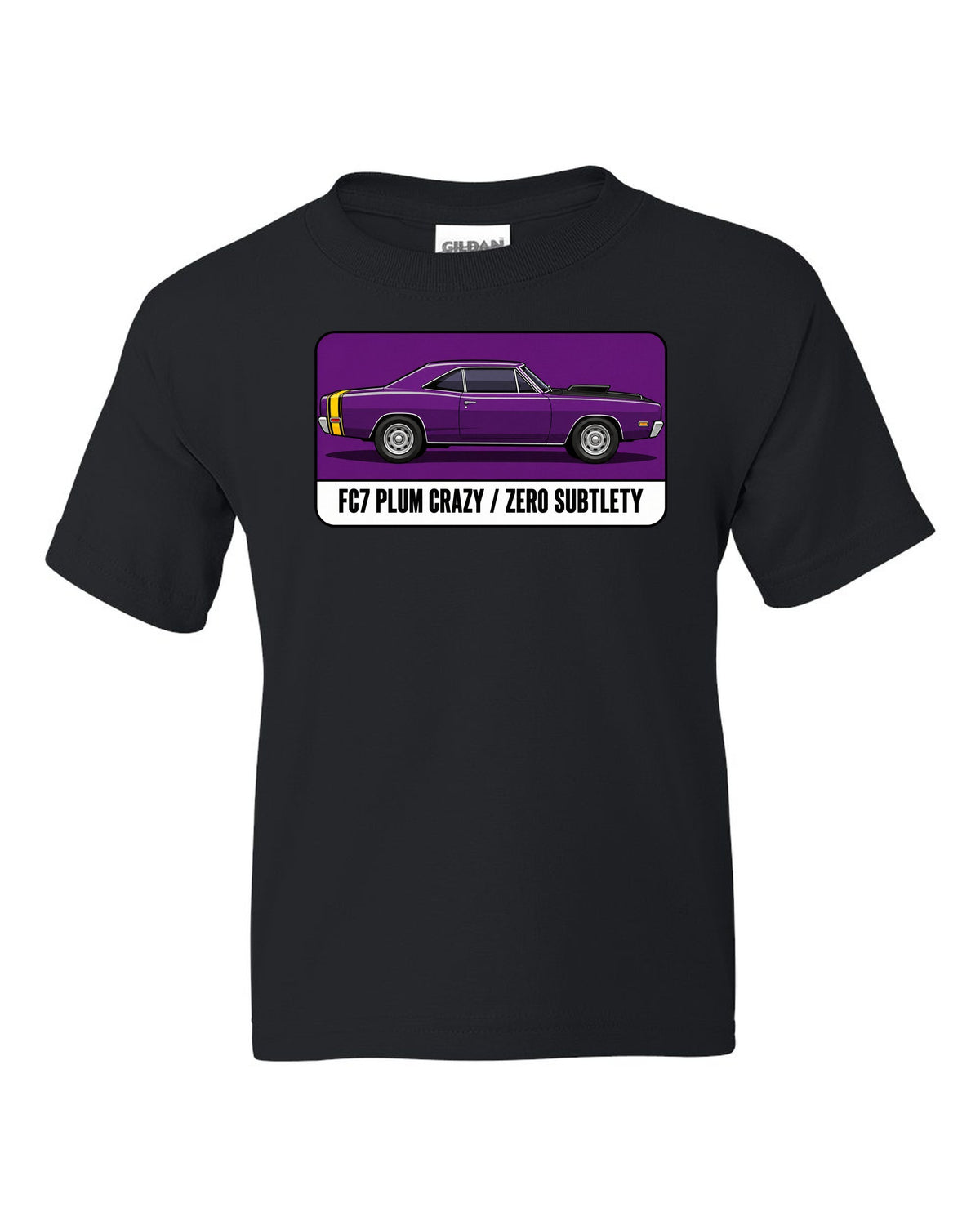 Pantone-style swatch print of a 1969 Dodge Coronet Super Bee in Plum Crazy black kids tee front view with the design