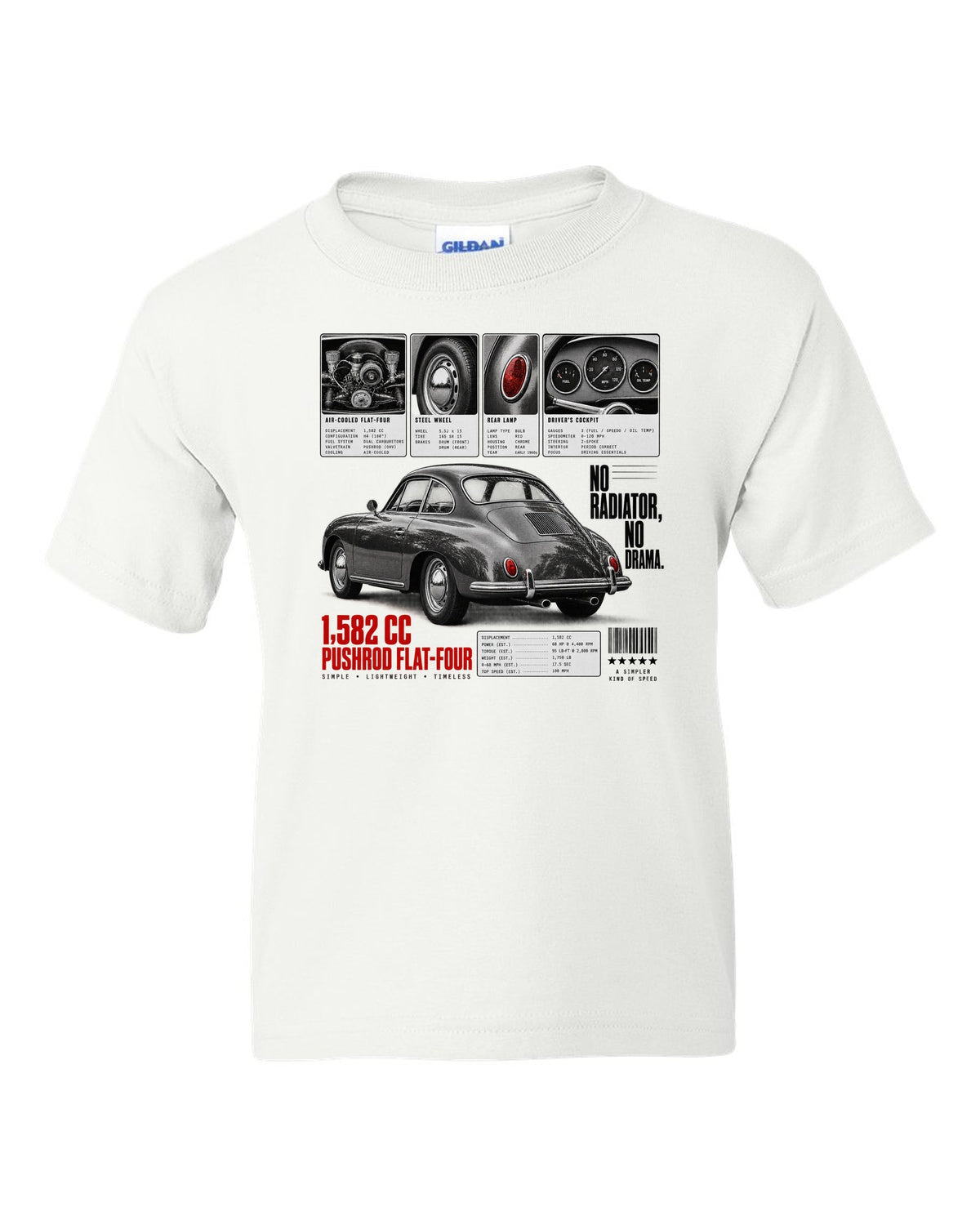 Dossier panel print of a Porsche 356 B coupe with 1,582 cc flat-four and no radiator text white kids tee front view with the design