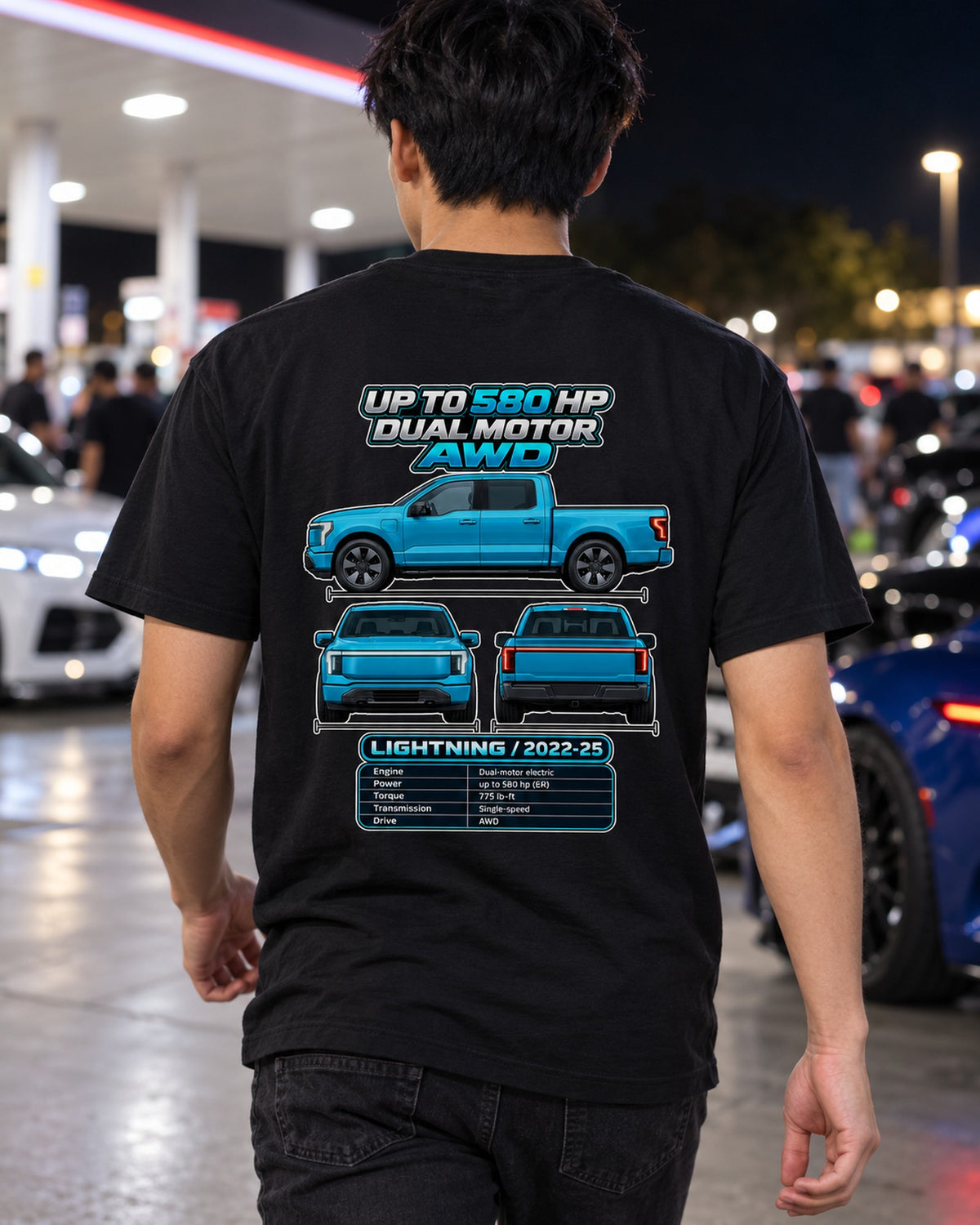 Ford F 150 Lightning Spec Sheet Full-Back Graphic Tee T-Shirt Black worn hero